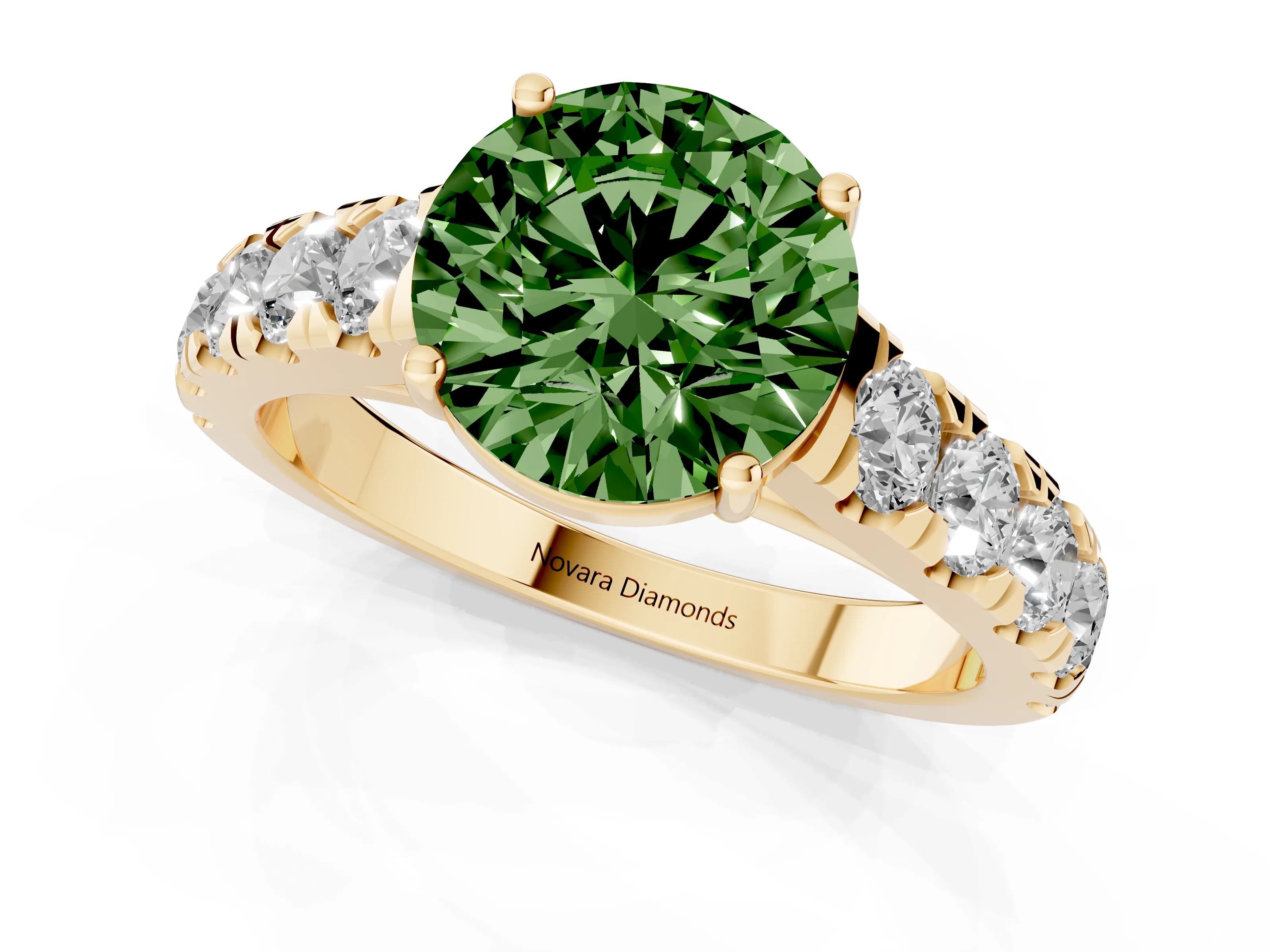 Fancy Green Round Cut Diamond Solitaire Ring Set in Yellow gold with Cut-Down Micro Pavé Band and Prong Setting