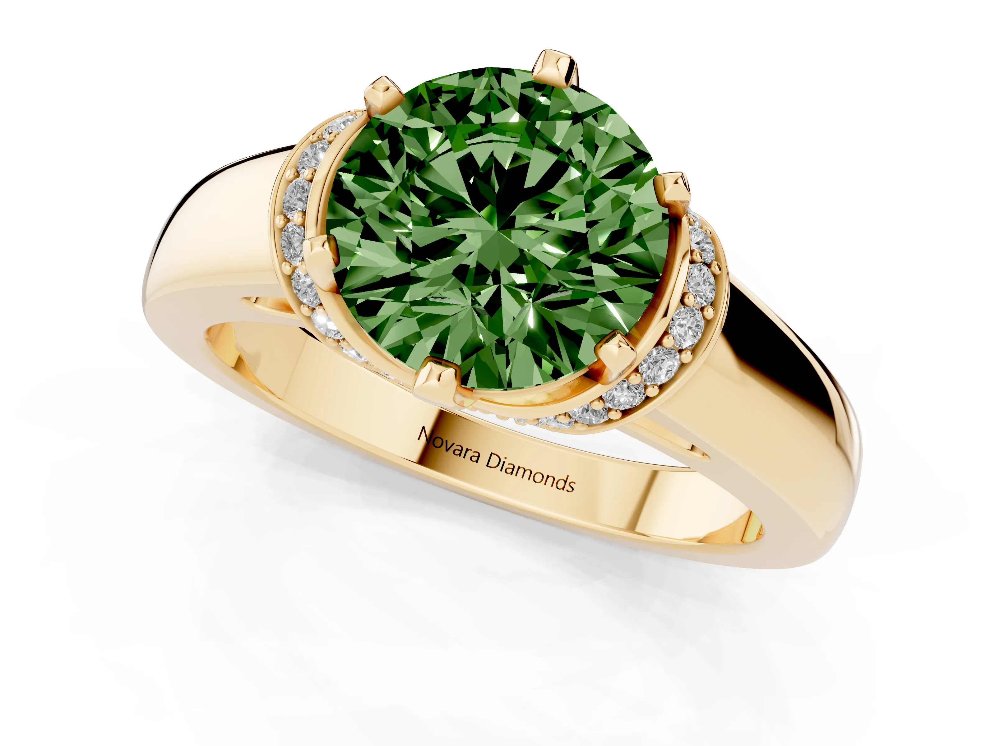 Fancy Green Round Cut Diamond Pavé Band Solitaire Ring Set in Yellow gold with Prong Setting