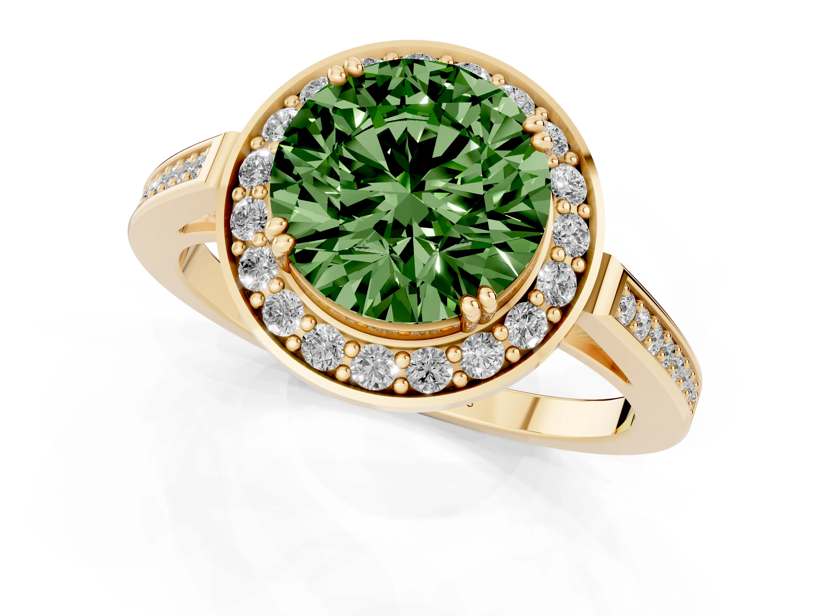 Fancy Green Round Cut Diamond Halo Ring Set in Yellow gold with Accent-Lined Split Shank and Prong Setting