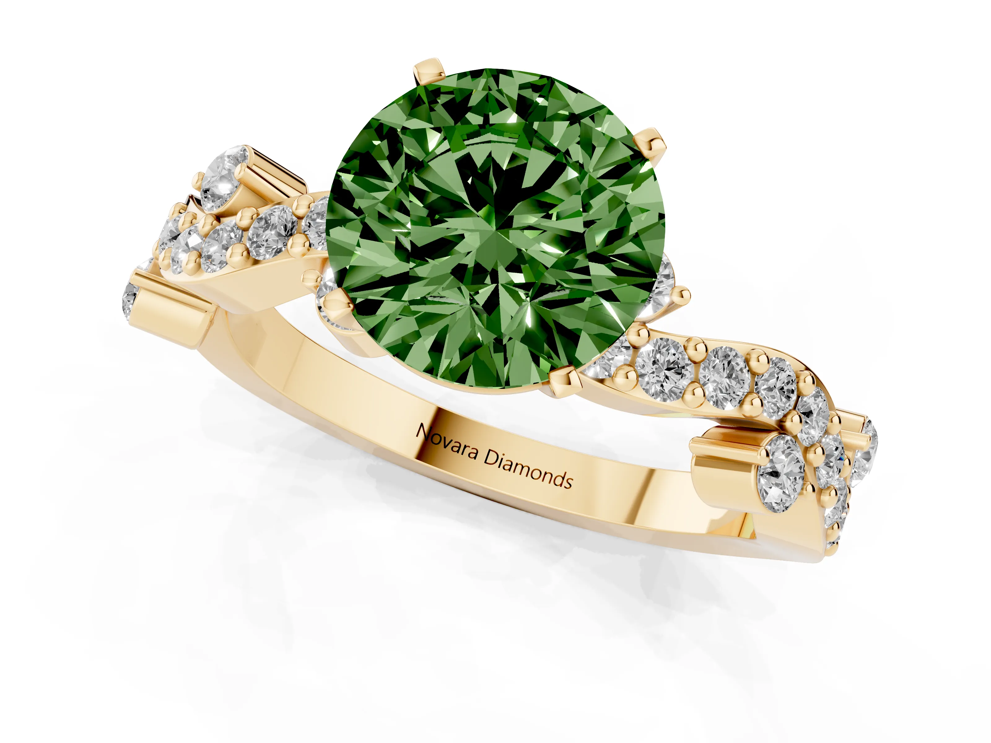 Fancy Green Round Cut Diamond Solitaire Twisted Band Set in Yellow gold with Pavé Setting