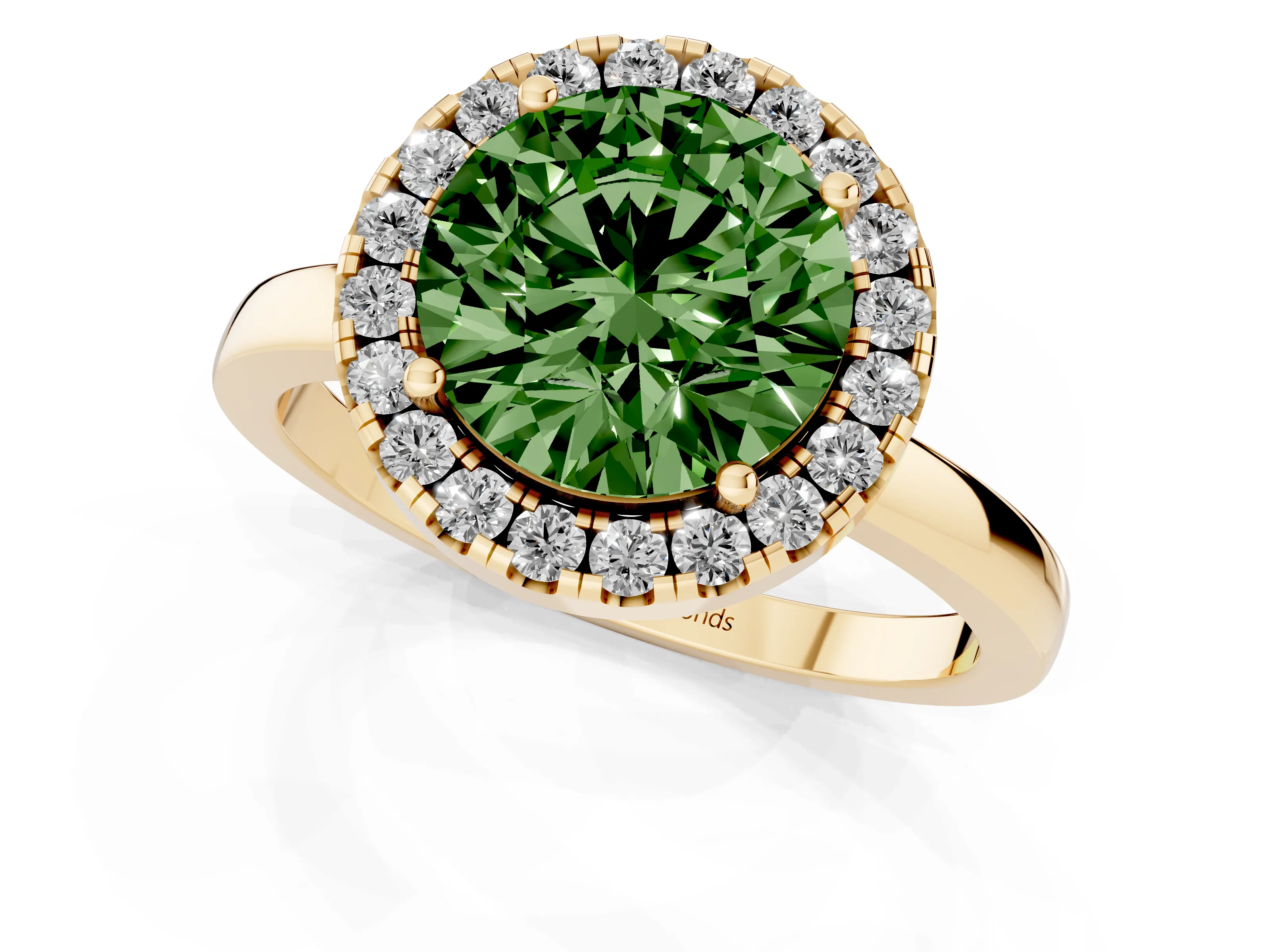Fancy Green Round Cut Diamond Halo Solitaire Ring Set in Yellow gold with Pavé Band and Prong Setting