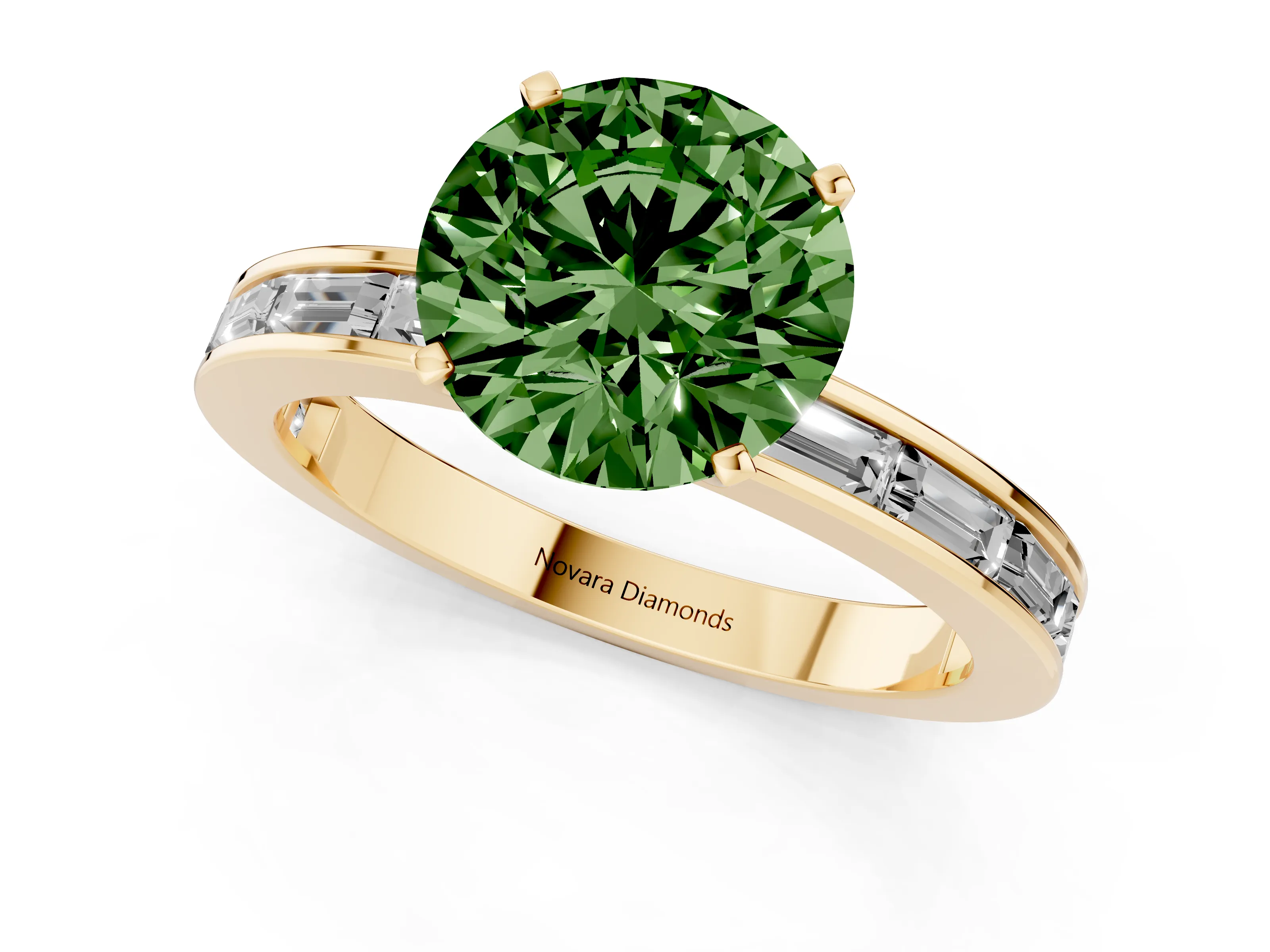 Fancy Green Round Cut Diamond Solitaire Ring Set in Yellow gold with Channel-Set Baguette Band and Prong Setting