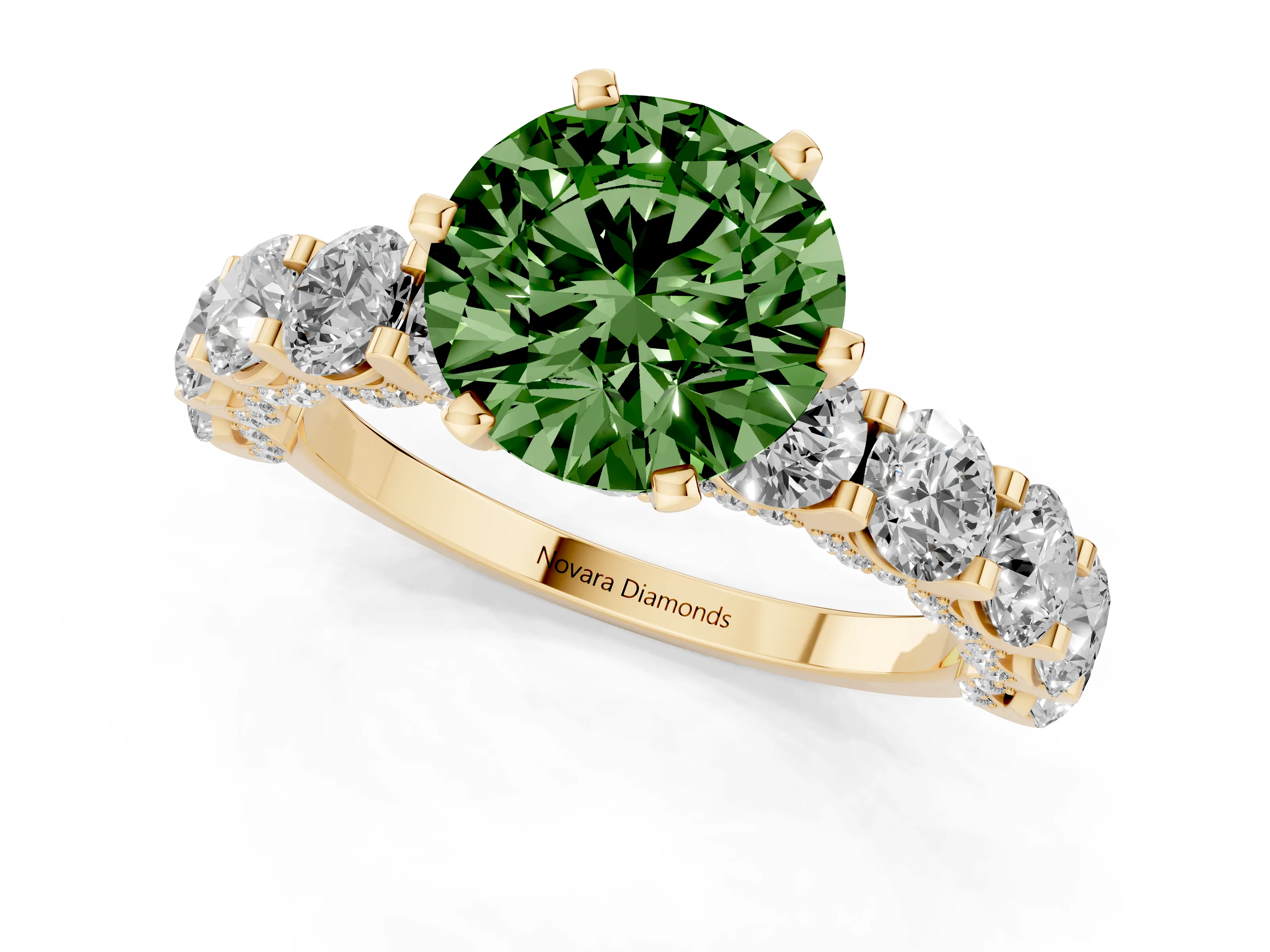 Fancy Green Round Cut Diamond Side Stone Ring Set in Yellow gold with Alternating Round and Oval Side Stones – second view