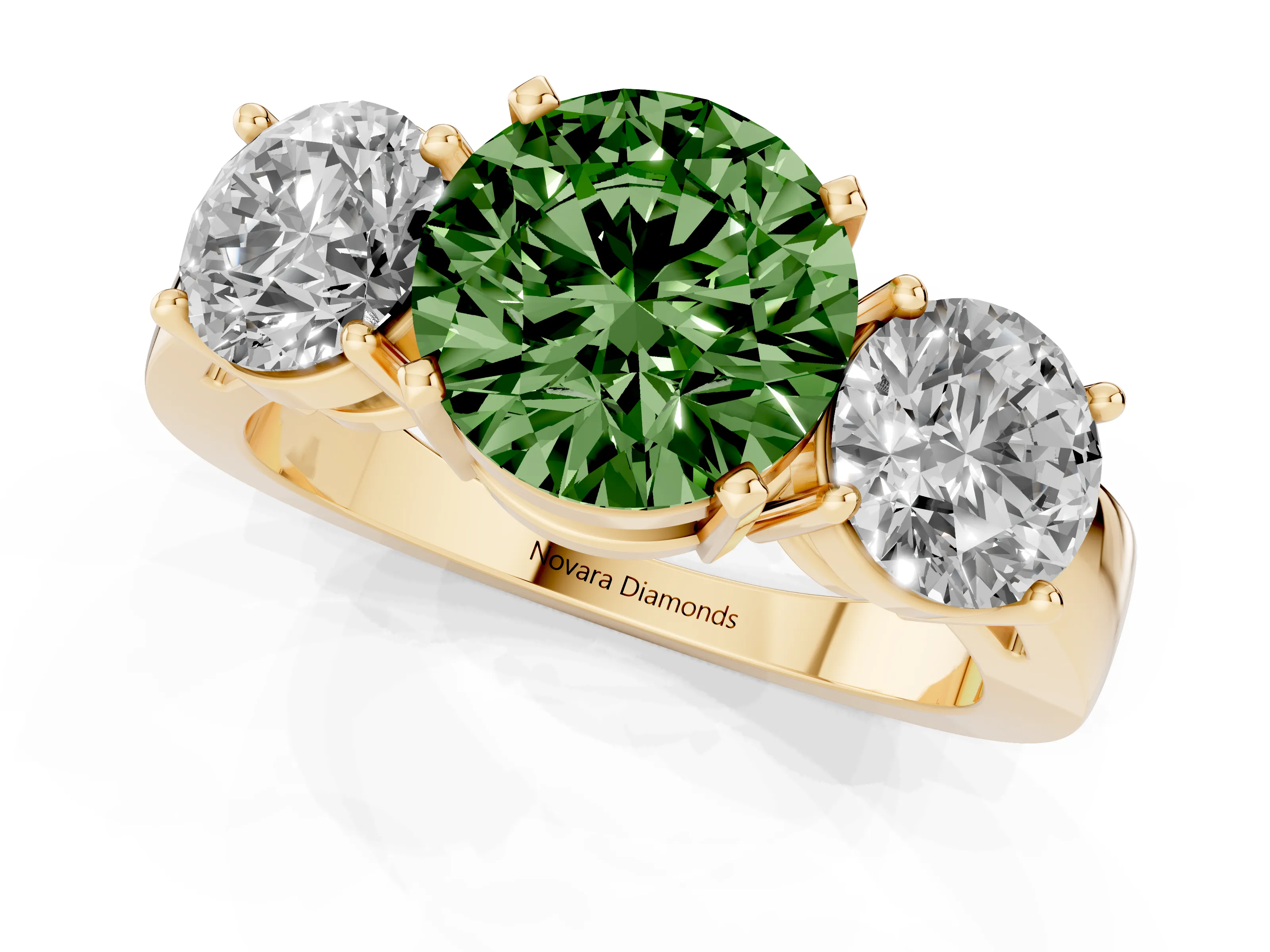 Fancy Green Round Cut Diamond Three-Stone Ring Set in Yellow gold with Round Side Stones and Classic Band