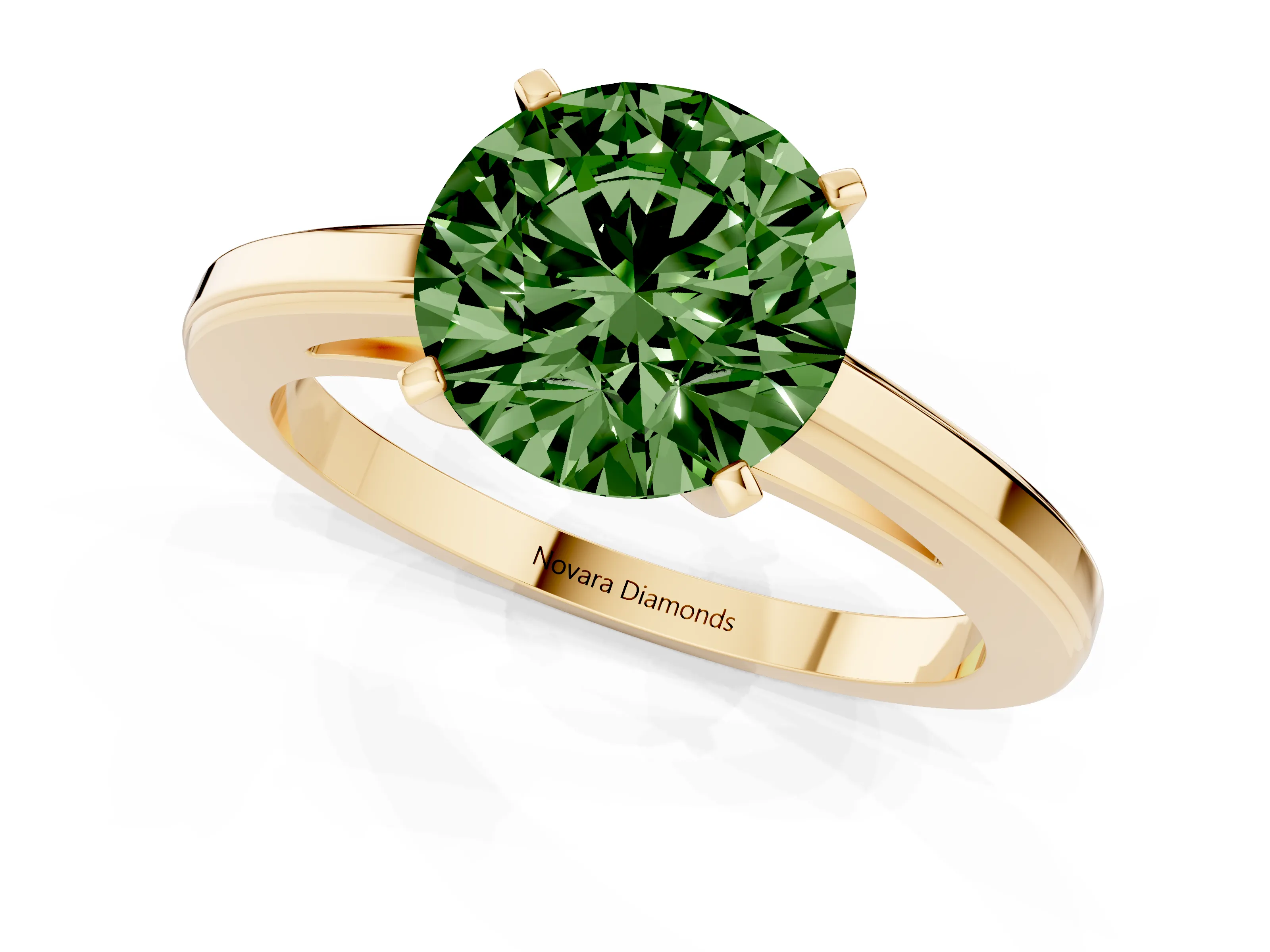 Fancy Green Round Cut Diamond Solitaire Ring Set in Yellow gold with Prong Setting and Classic Band