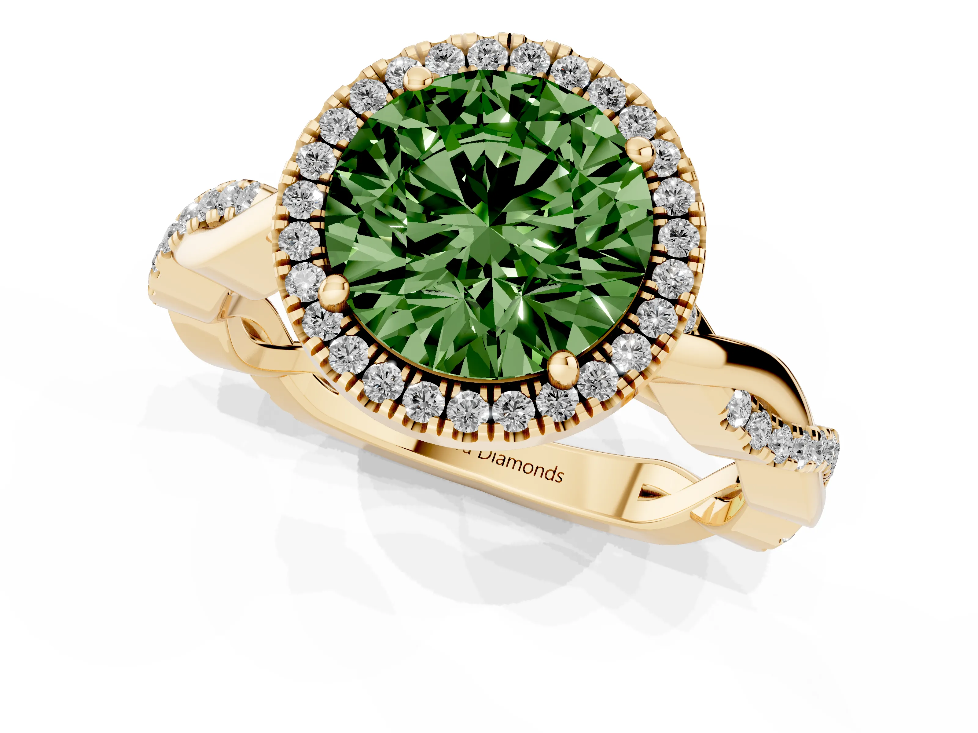 Fancy Green Round Cut Diamond Halo Twisted Band Ring Set in Yellow gold with Prong Setting