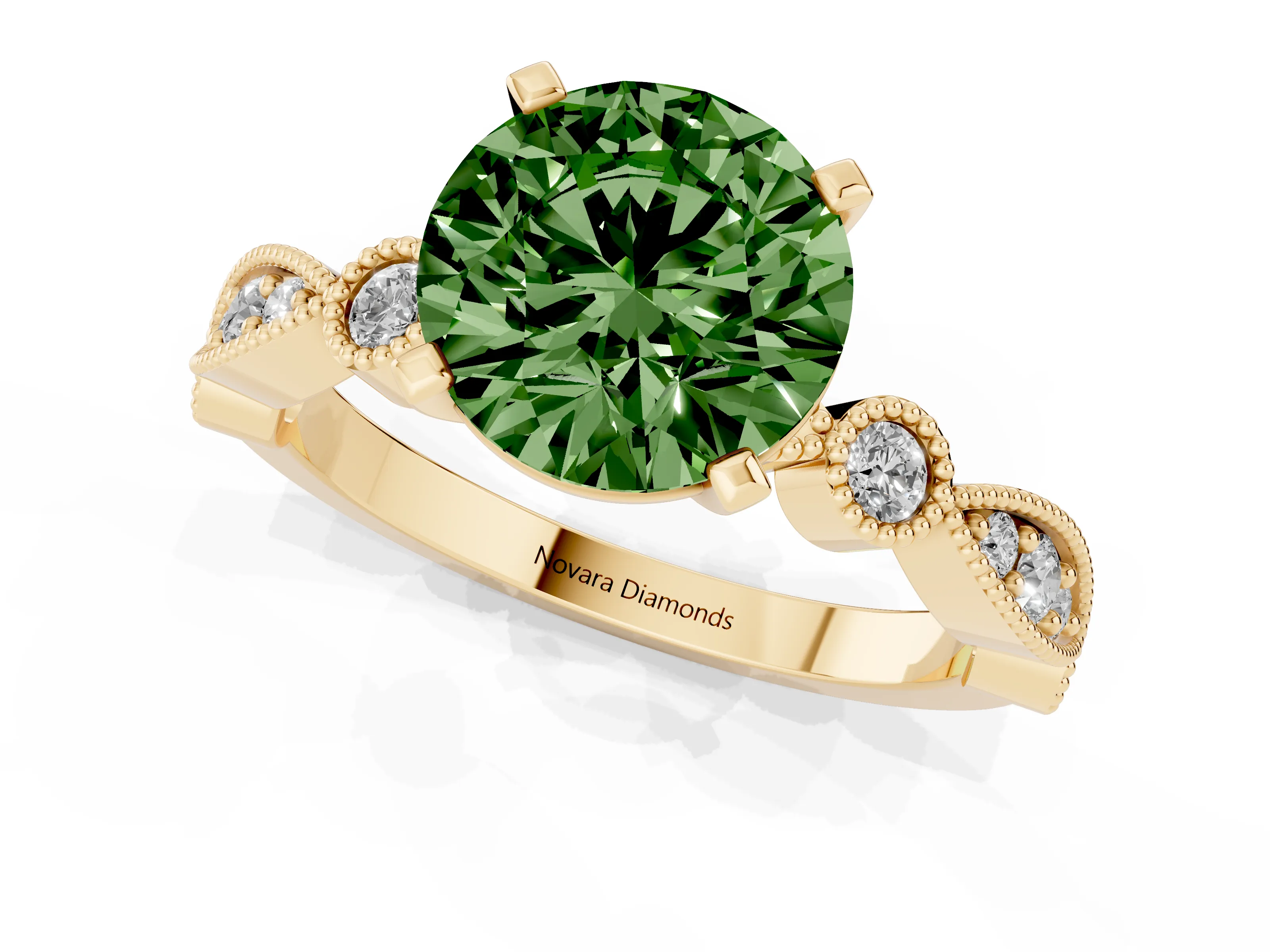 Fancy Green Round Cut Diamond Solitaire Engagement Ring Set in Yellow gold with Milgrain Bezel Accent Band