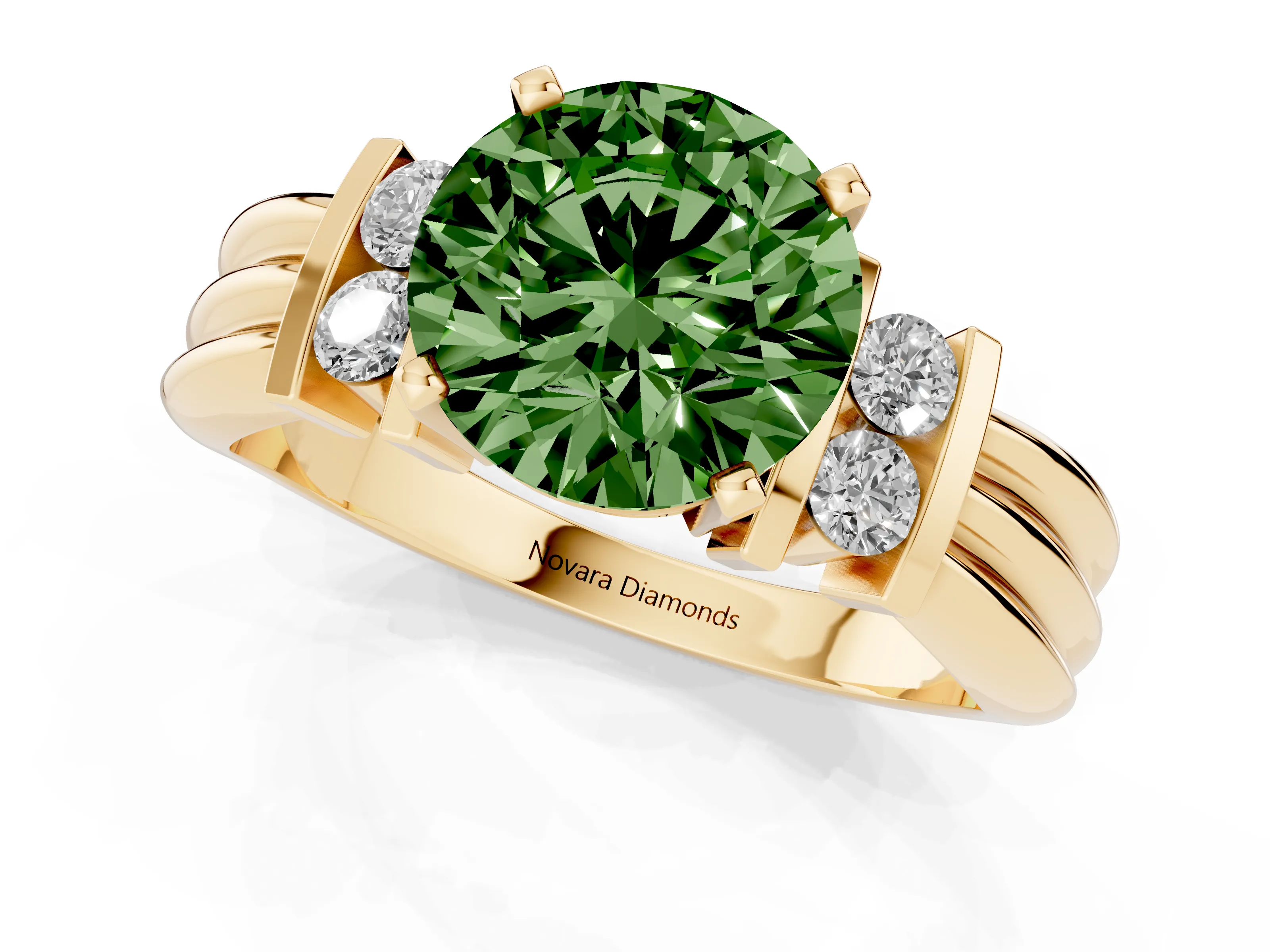 Fancy Green Three-Stone Round Cut Diamond Channel Set Ring Set in Yellow gold with Bar Prongs