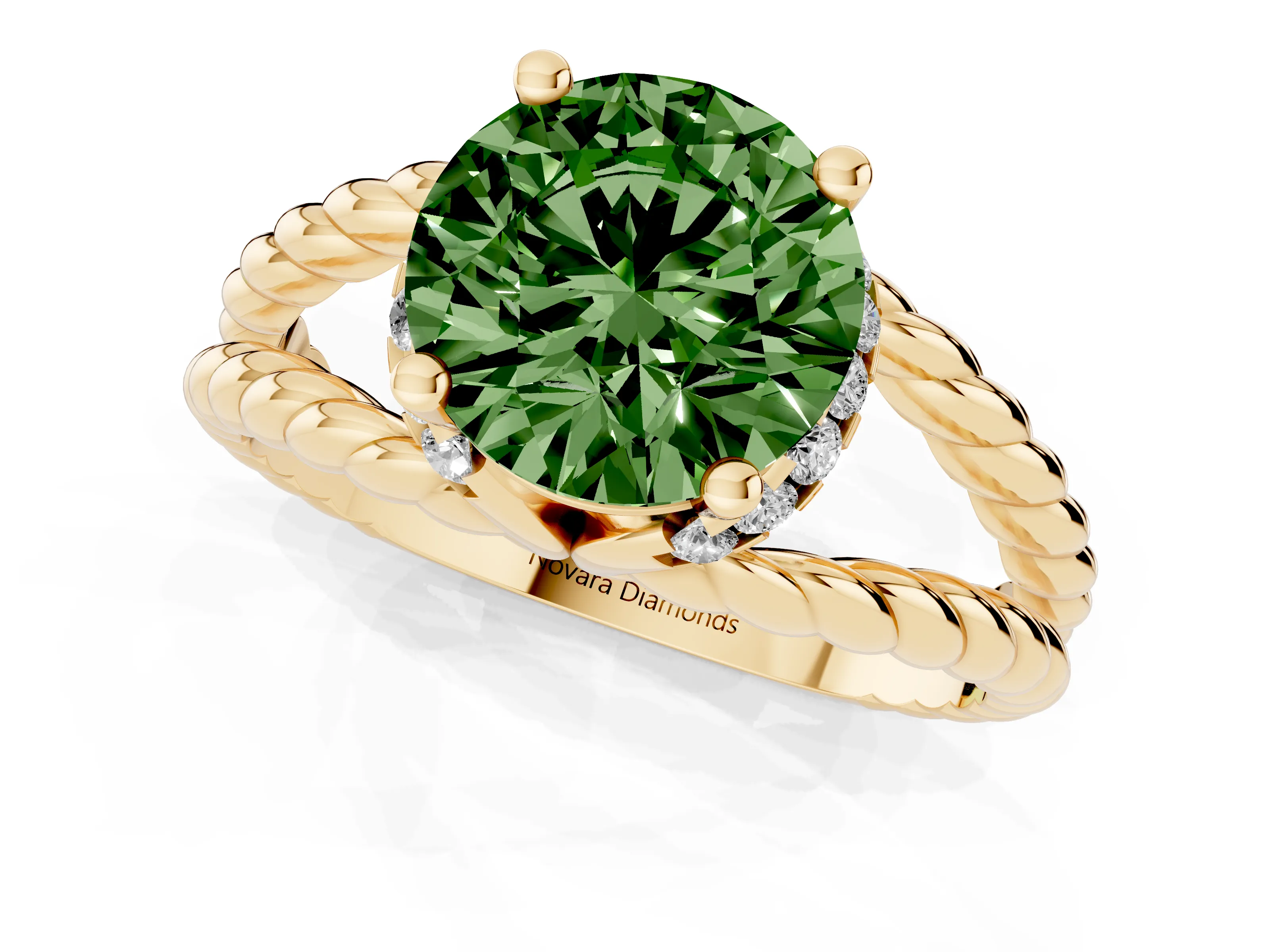 Fancy Green Round Cut Diamond Halo Ring Set in Yellow gold with Twisted Band and Prong Setting