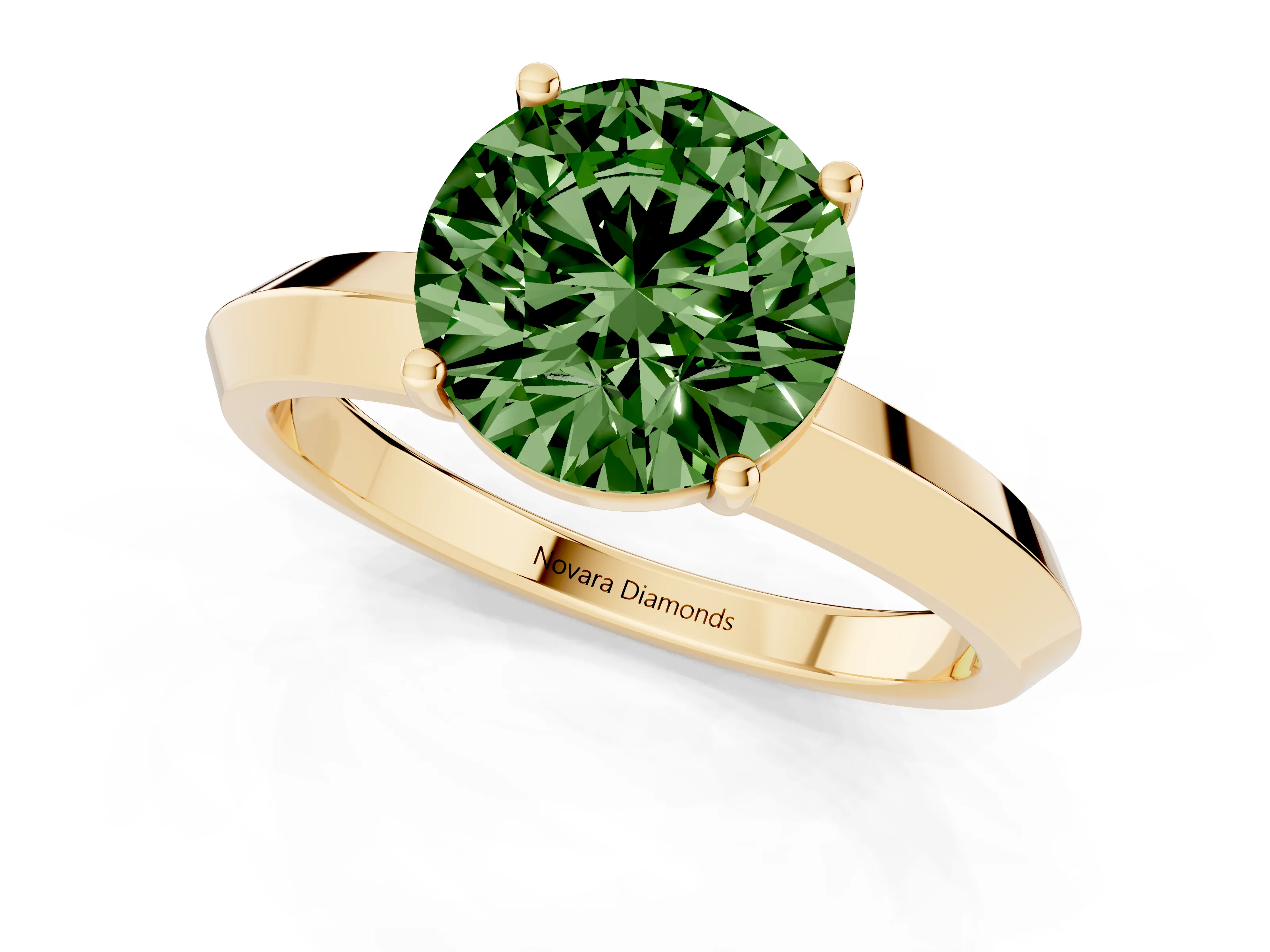 Fancy Green Round Cut Diamond Solitaire Engagement Ring Set in Yellow gold with Flat Band and Prong Setting