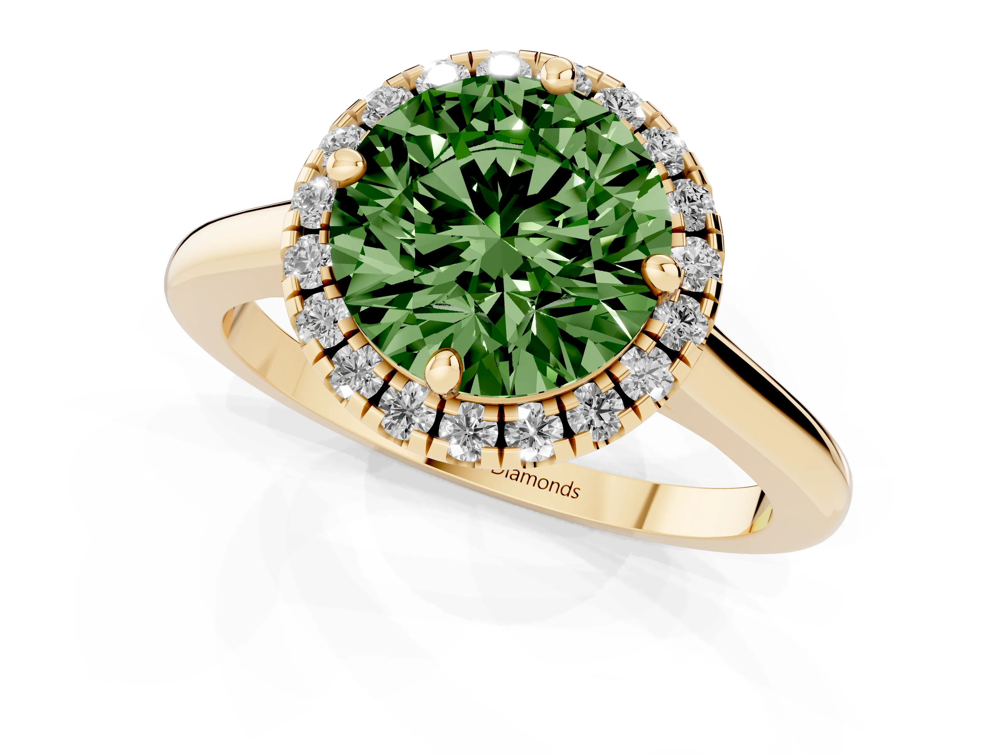Fancy Green Round Cut Diamond Halo Engagement Ring Set in Yellow gold with Pavé Band and Rising Shoulders