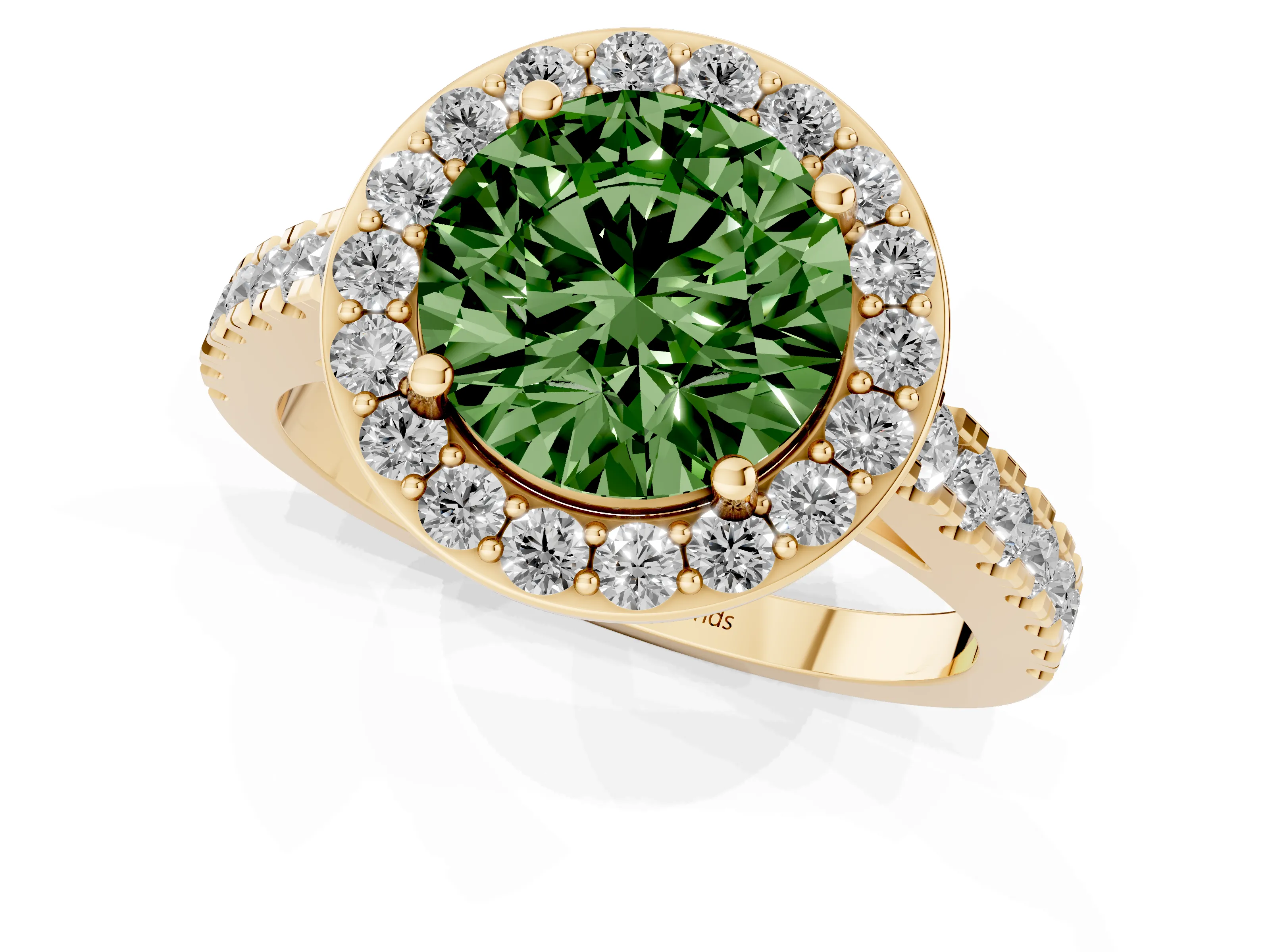 Fancy Green Round Cut Diamond Halo Ring Set in Yellow gold with Round Pavé Split Shank and Prong Setting