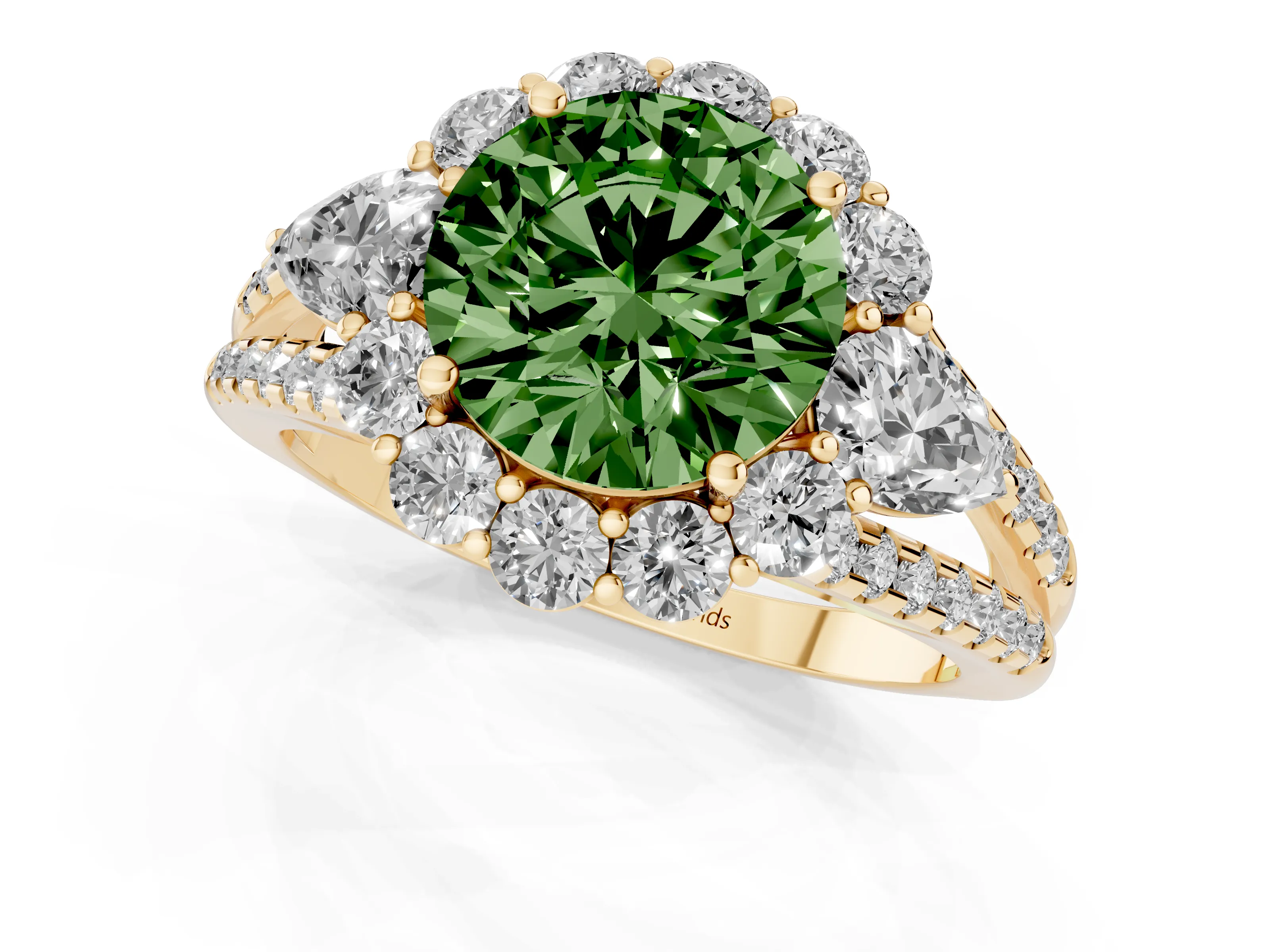 Fancy Green Round Cut Diamond Halo Split Shank Engagement Ring Set in Yellow gold with Prong-Held Center Stone