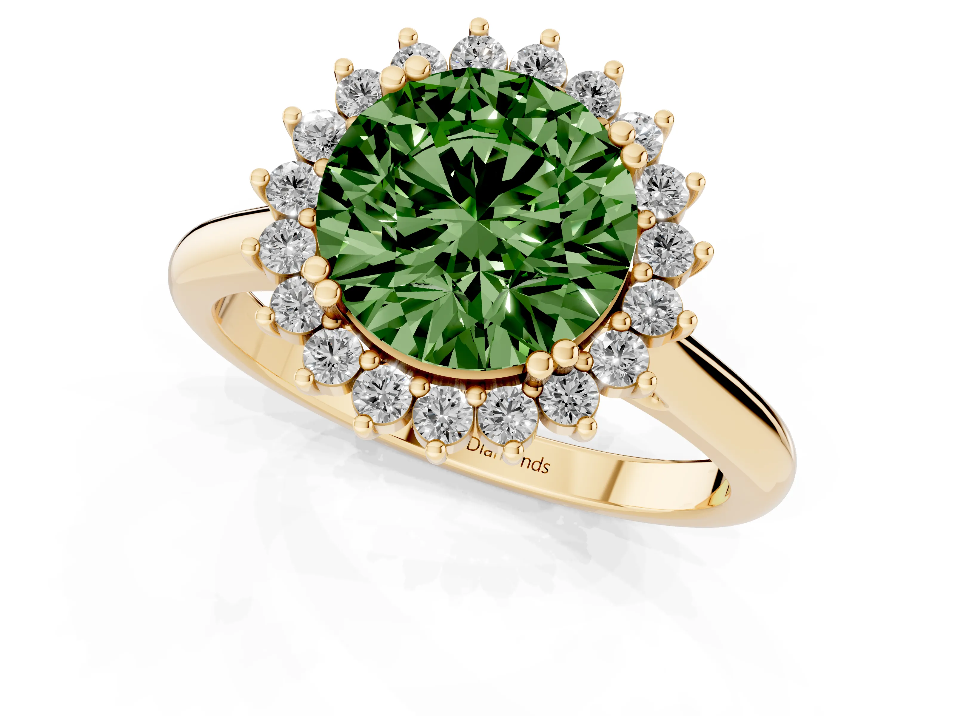 Fancy Green Round Cut Diamond Halo Ring Set in Yellow gold with Plain Solitaire Band and Prong Setting