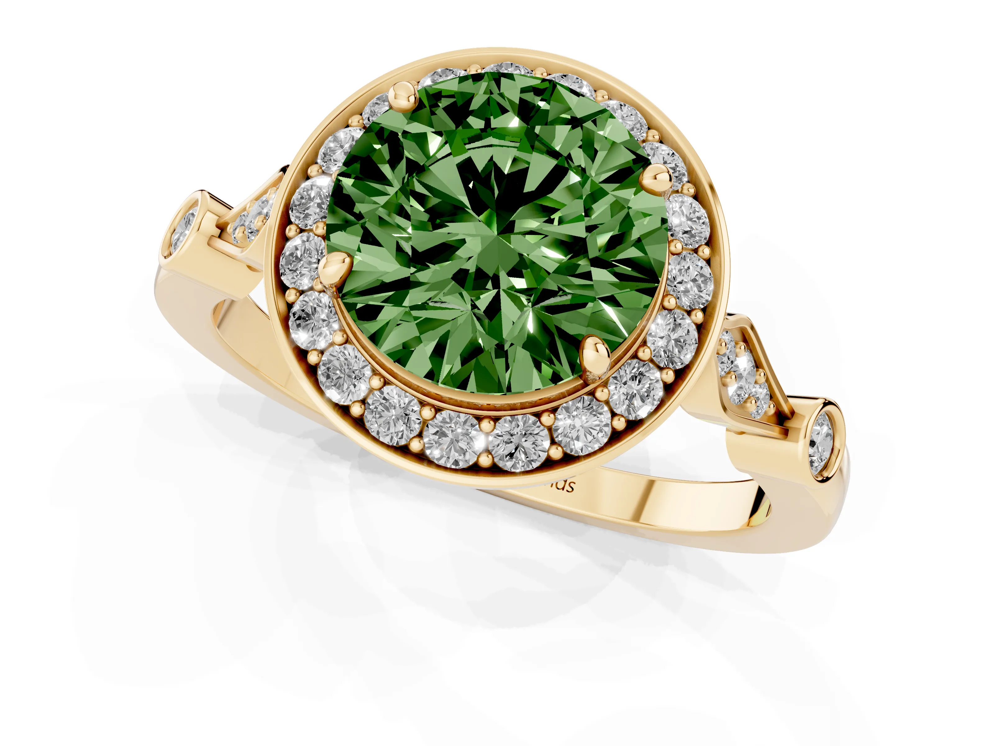Fancy Green Round Cut Diamond Halo Engagement Ring Set in Yellow gold with Twisted Band and Prong Setting