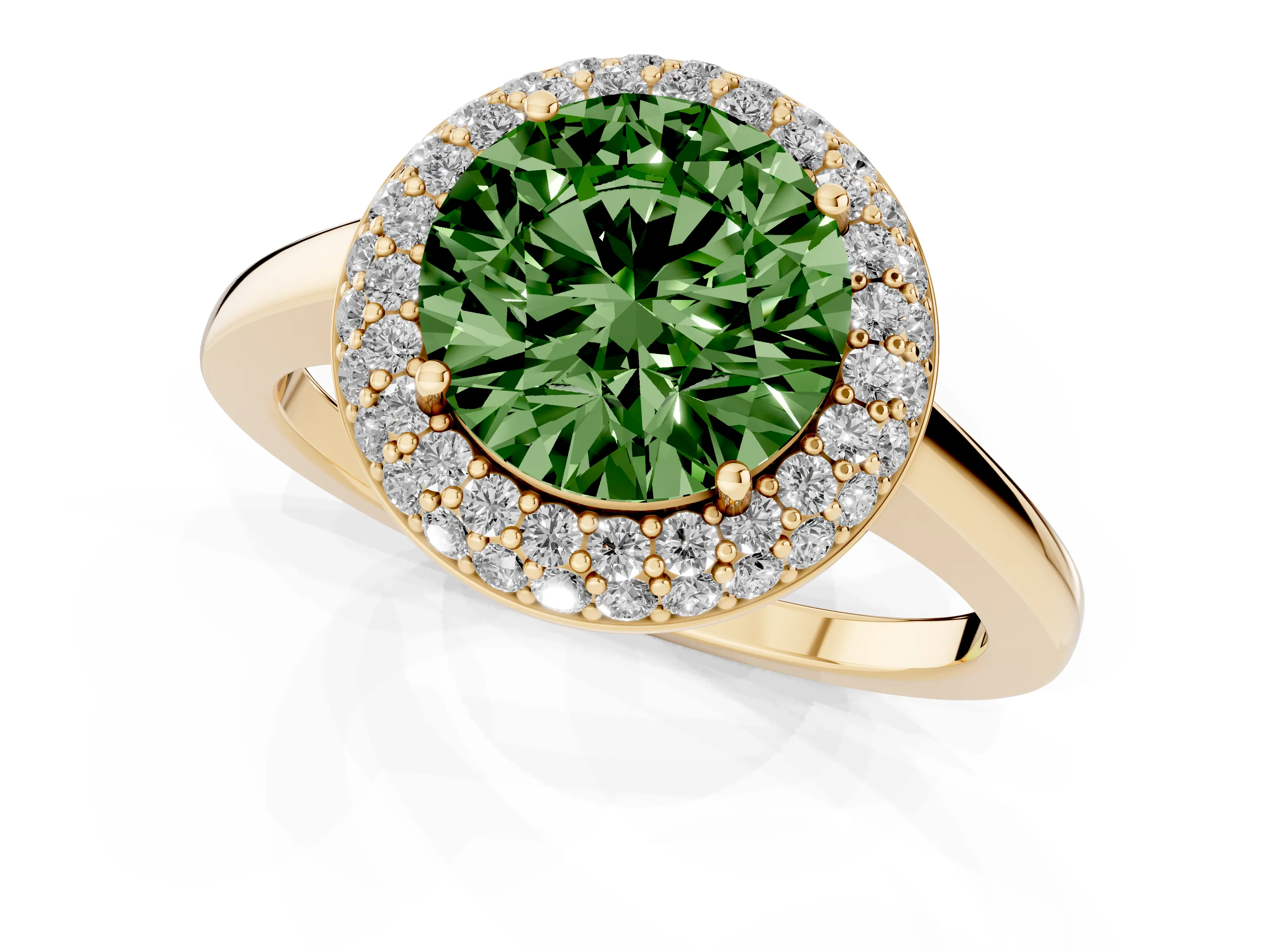 Fancy Green Round Cut Diamond Halo Engagement Ring Set in Yellow gold with Solitaire Band and Prong Setting
