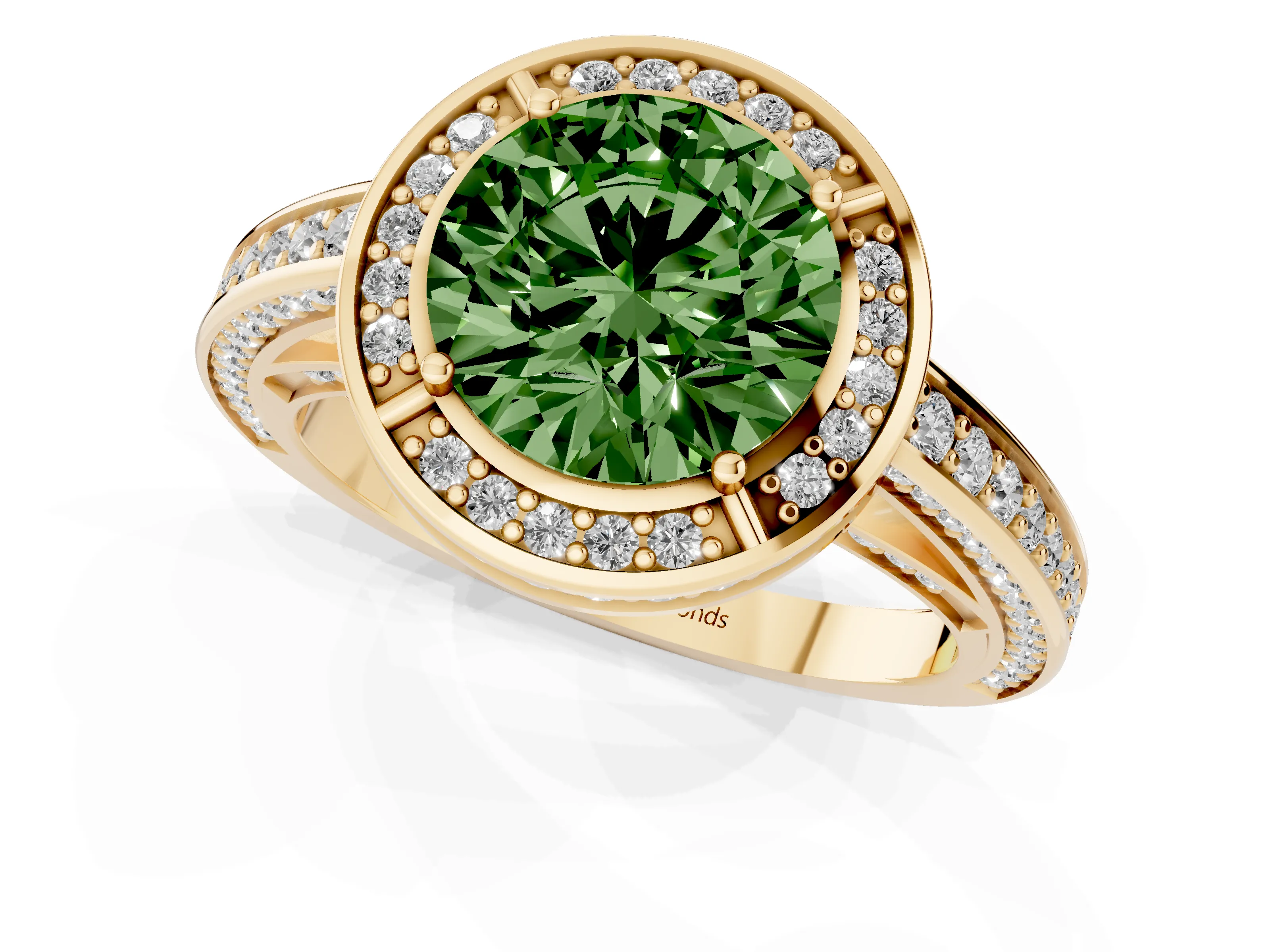 Fancy Green Round Cut Diamond Halo Pavé Split Shank Ring Set in Yellow gold with Prong Setting