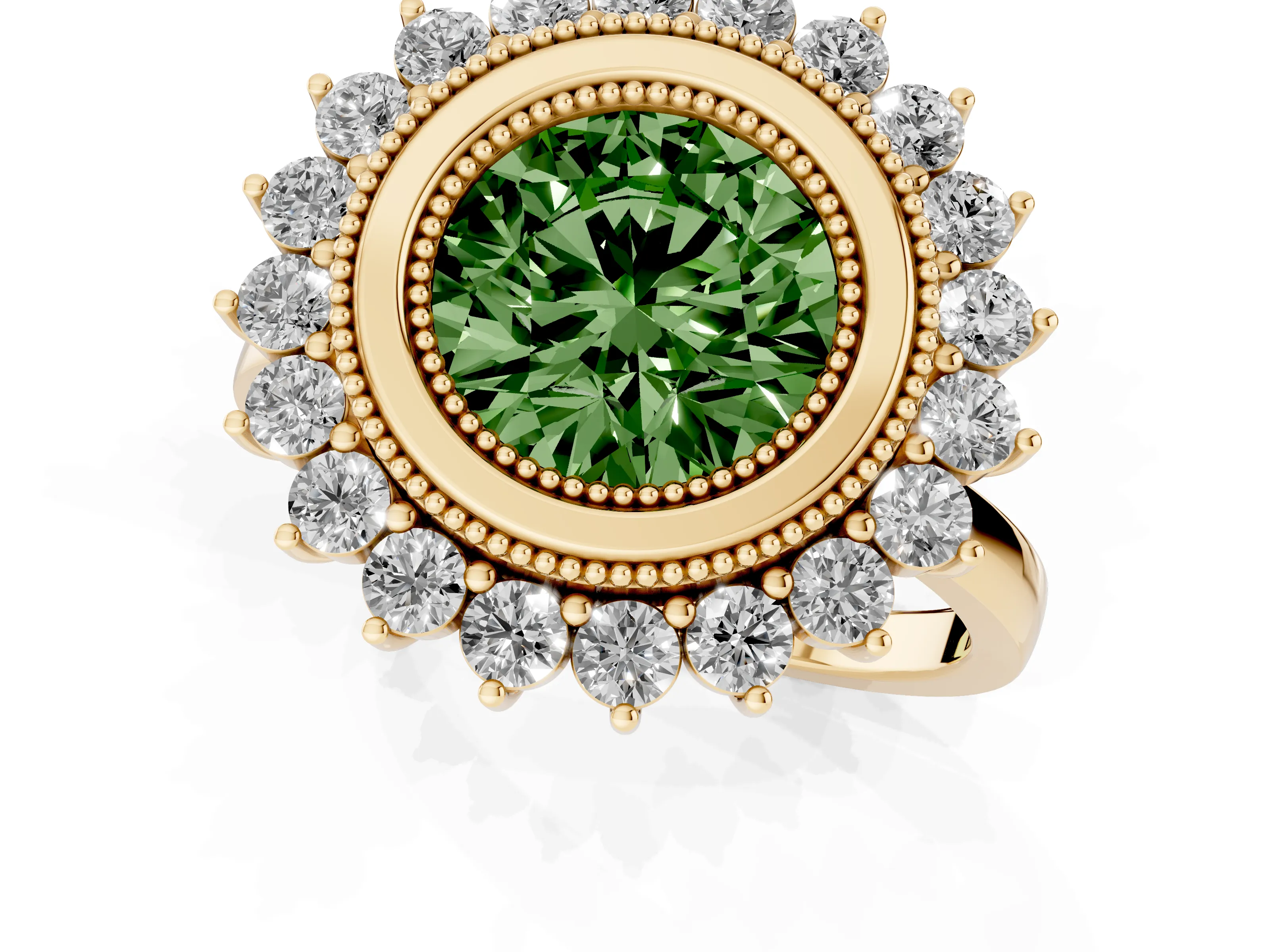 Fancy Green Round Cut Diamond Halo Ring Set in Yellow gold with Milgrain Edge and Round Prong Setting