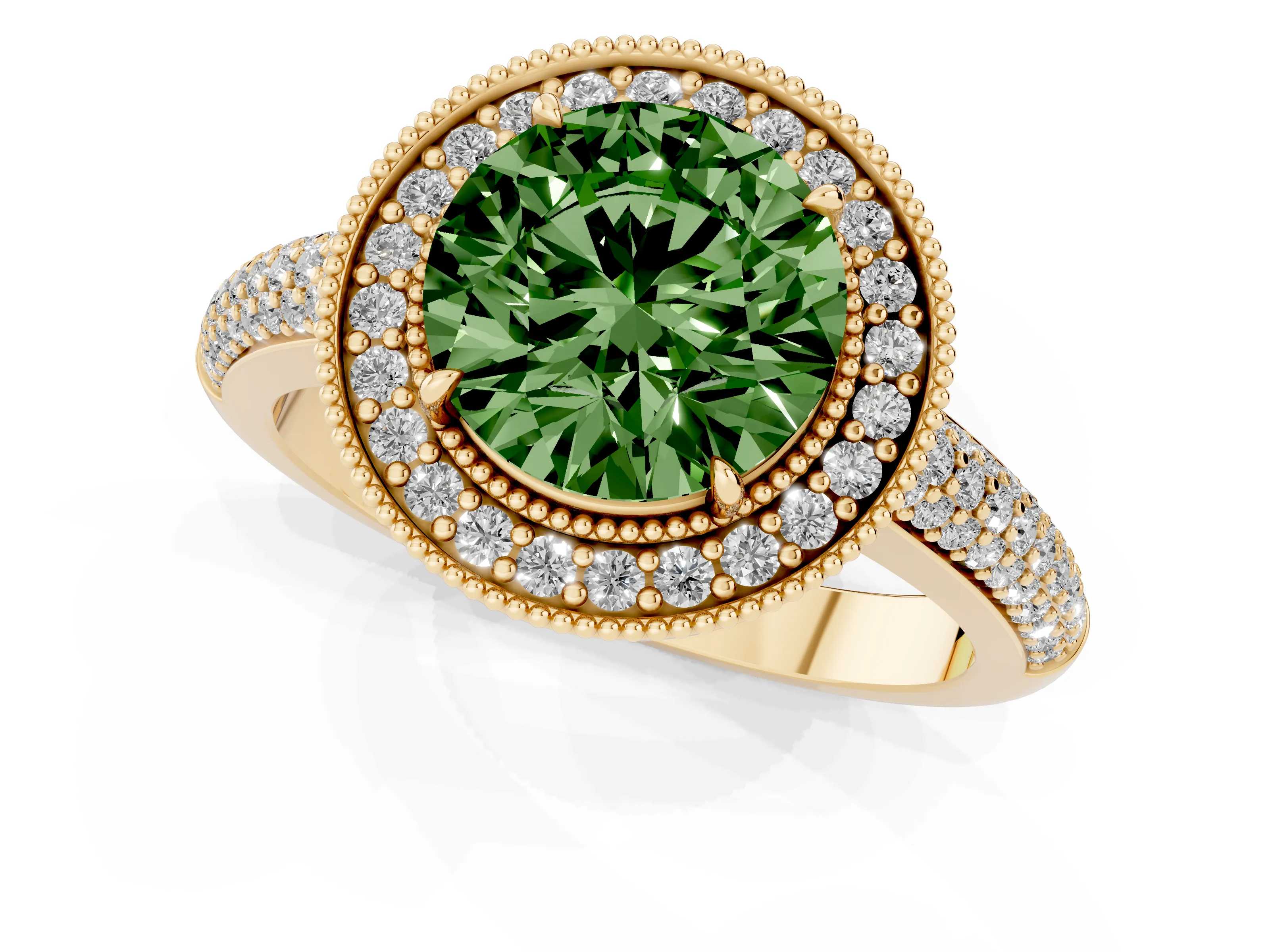 Fancy Green Round Cut Diamond Halo Pavé Band Set in Yellow gold with Prong Setting