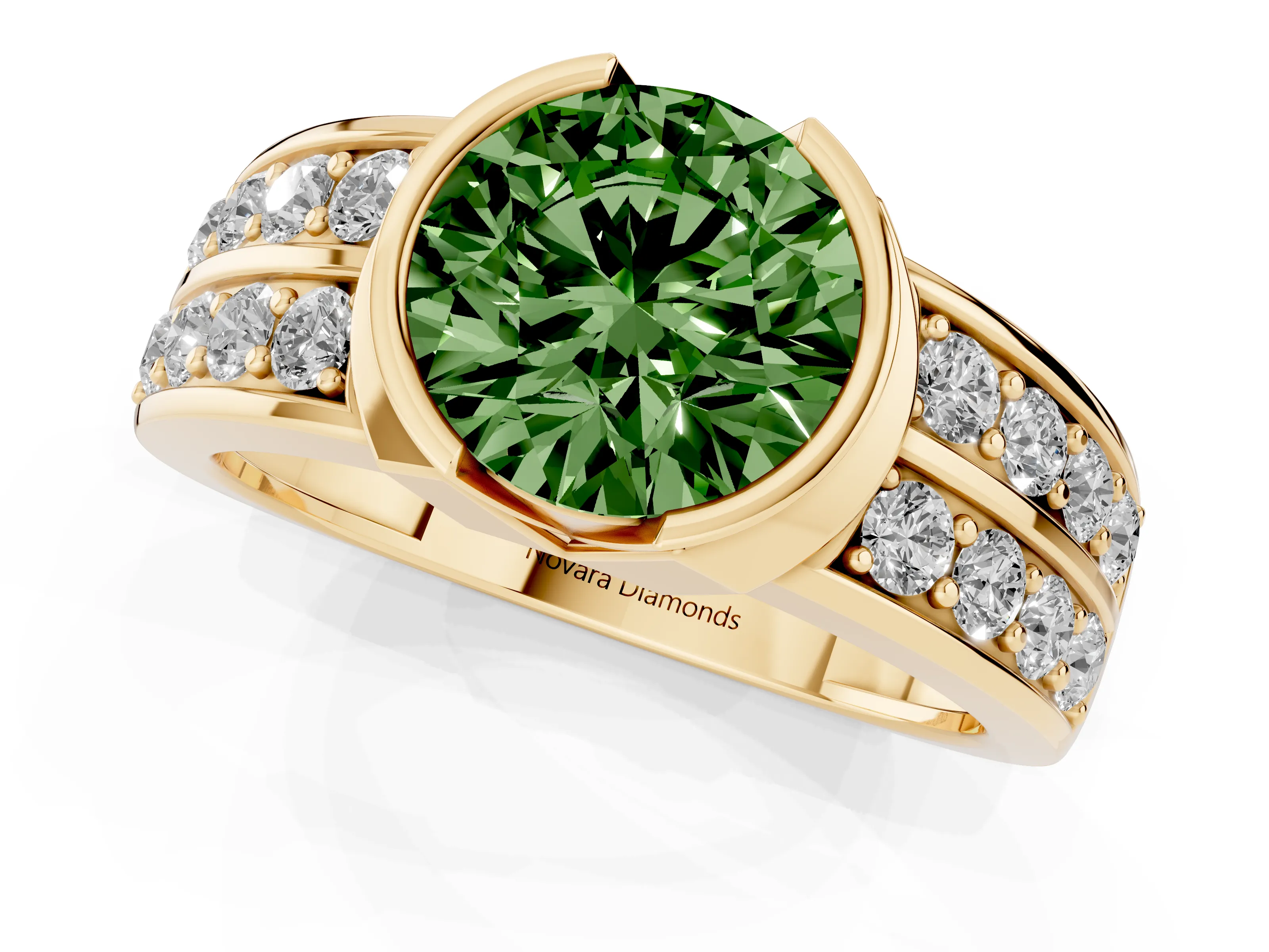 Fancy Green Round Cut Diamond Wide Channel Set Band Ring Set in Yellow gold with Bezel Setting