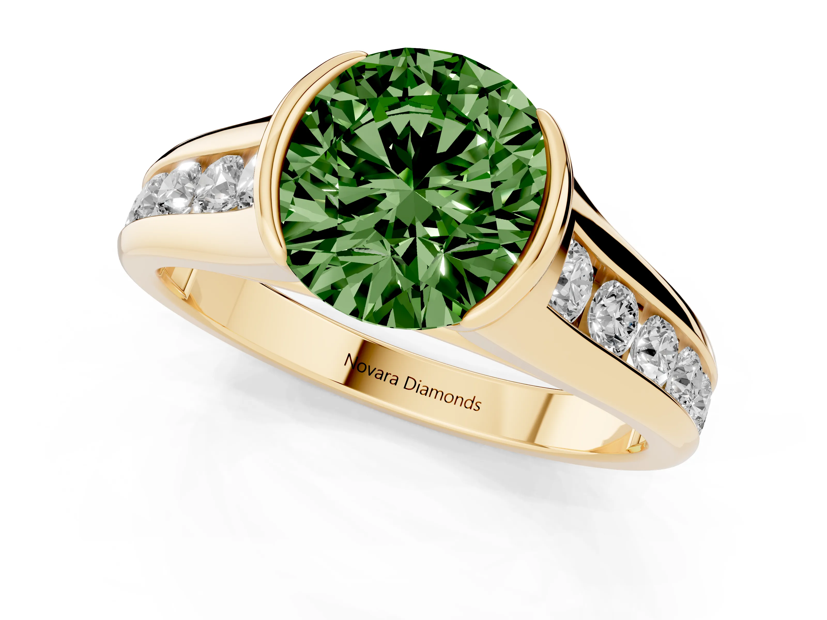 Fancy Green Round Cut Diamond Bezel-Set Solitaire Ring Set in Yellow gold with Channel-Set Band