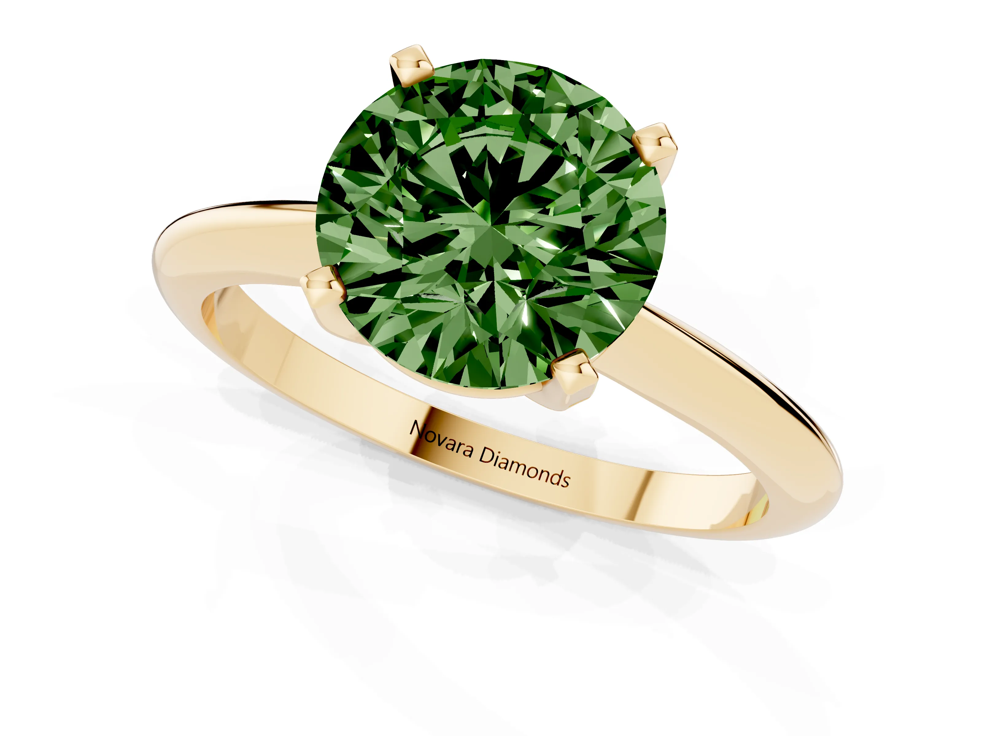 Fancy Green Round Cut Diamond Solitaire Ring Set in Yellow gold with Prong Setting on a Plain Round Band