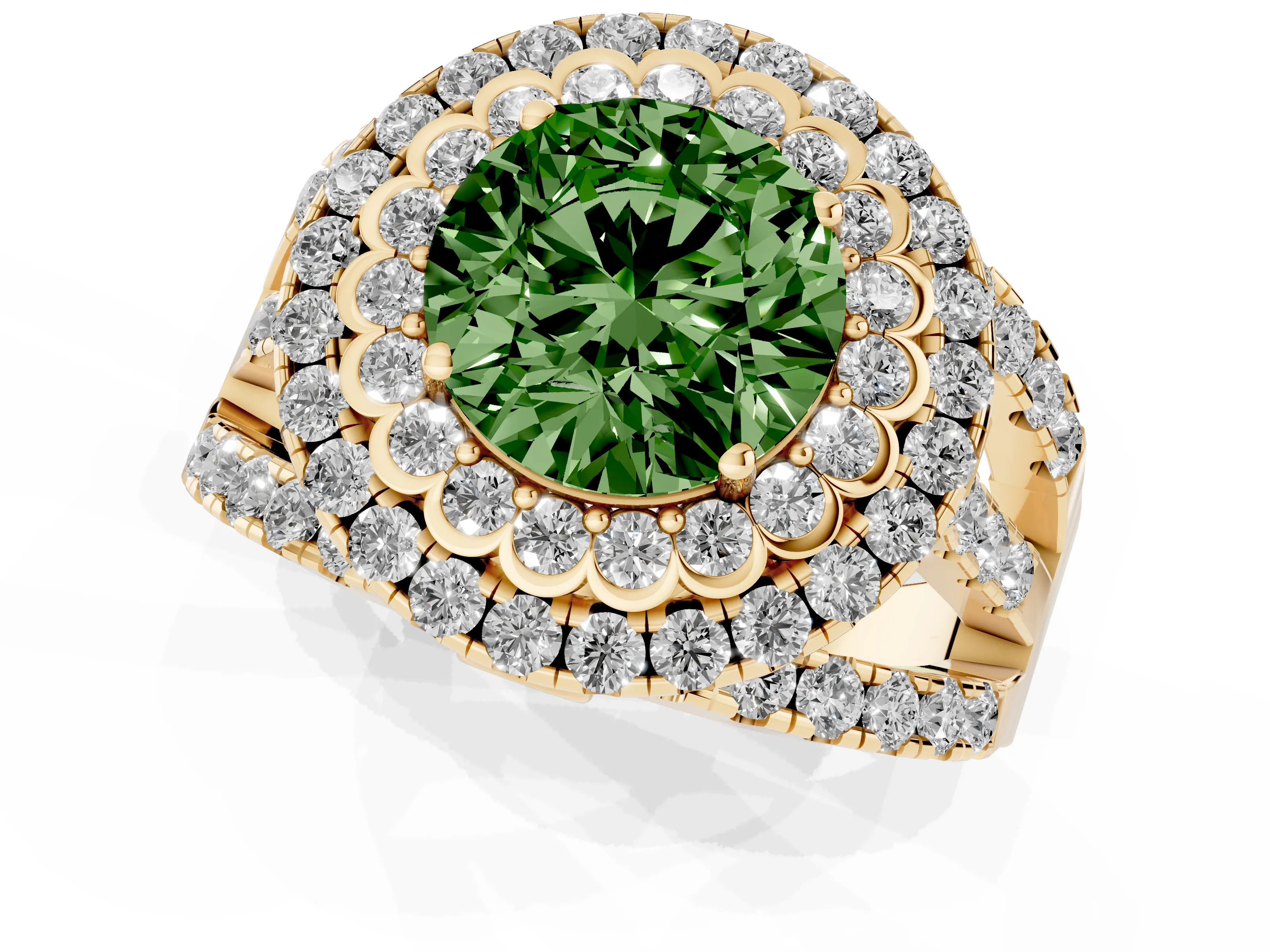 Fancy Green Round Cut Diamond Double Halo Ring Set in Yellow gold with Round Pavé Split Shank