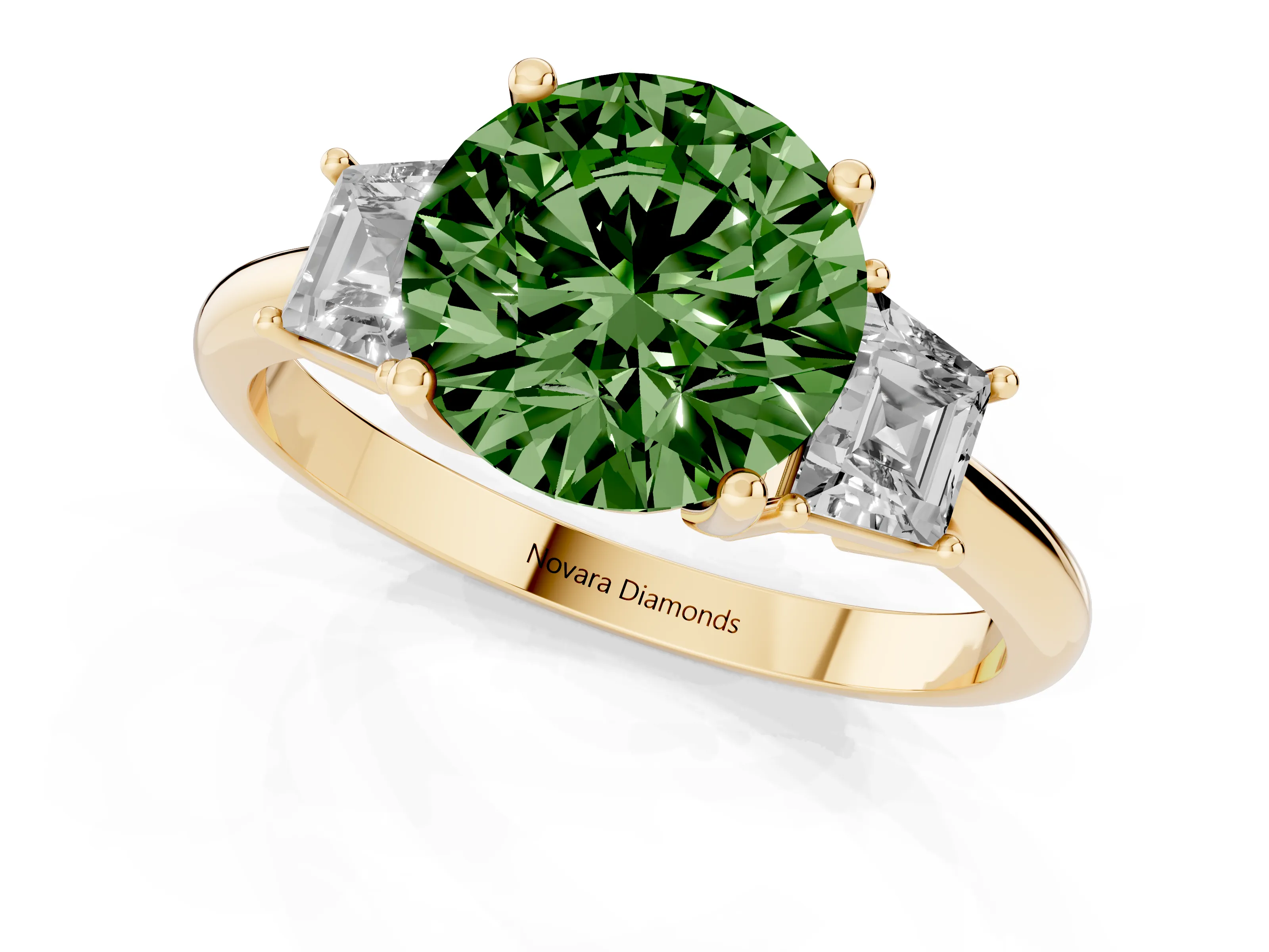 Fancy Green Round Cut Diamond Three-Stone Ring Set in Yellow gold with Trapezoid Side Stones and Prong Setting