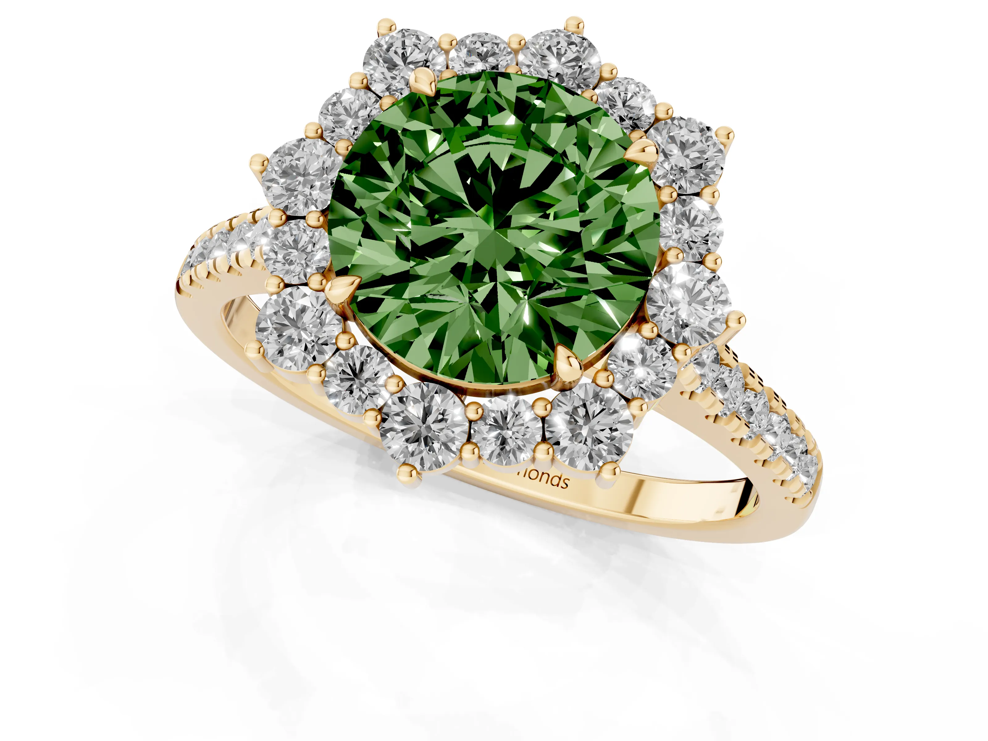 Fancy Green Round Cut Diamond Halo Ring Set in Yellow gold with Pavé Band and Prong Setting