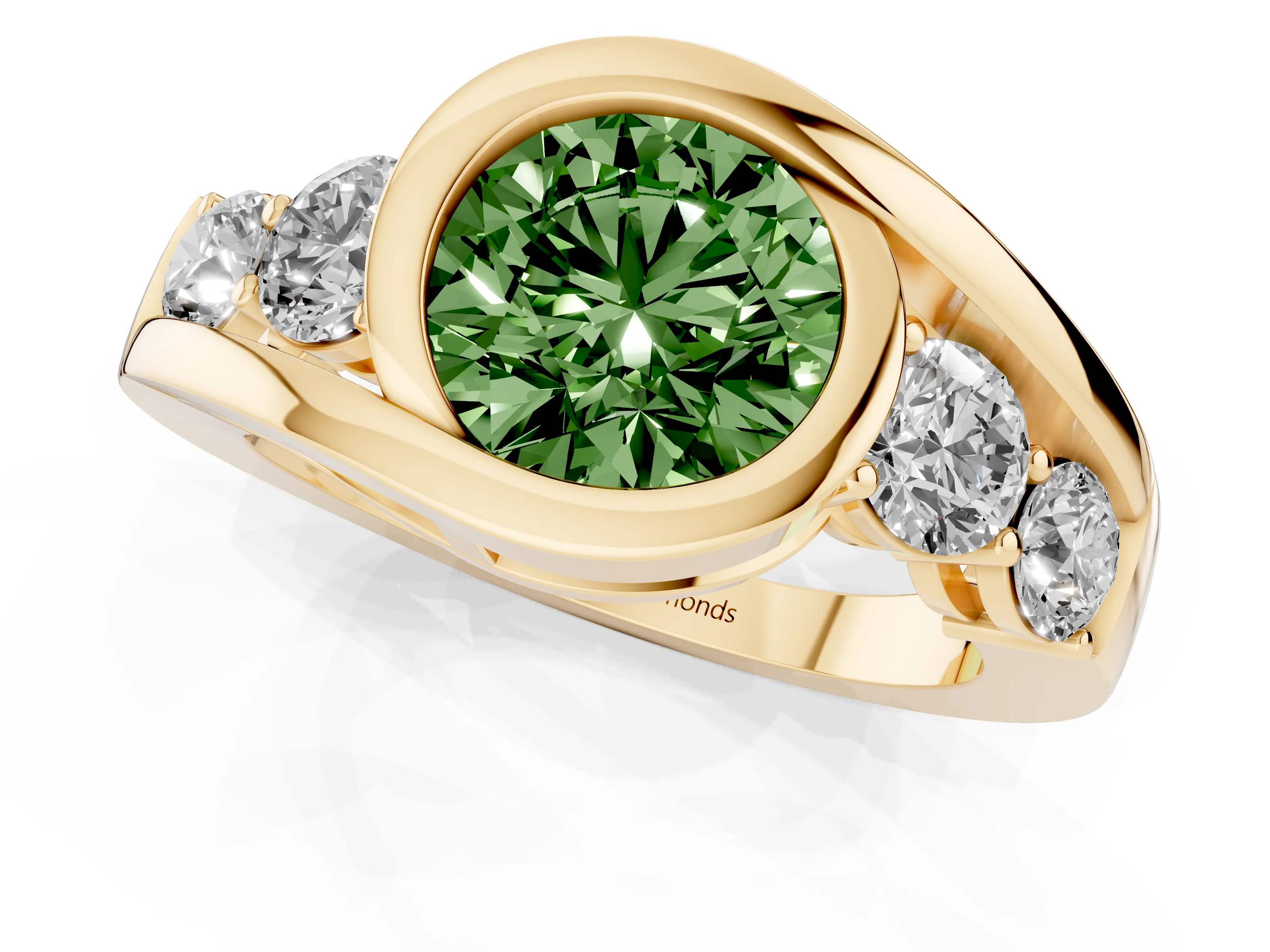 Fancy Green Round Cut Diamond Bezel Bypass Ring Set in Yellow gold with Round Accents