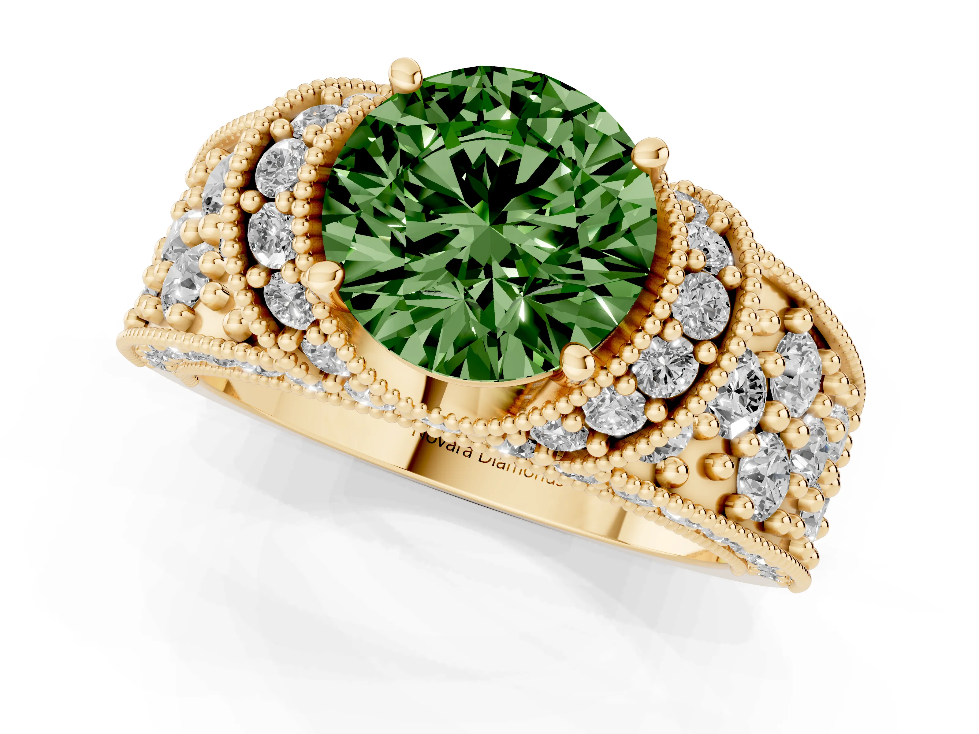 Fancy Green Round Cut Diamond Milgrain Halo Pavé Engagement Ring Set in Yellow gold with Prong Setting