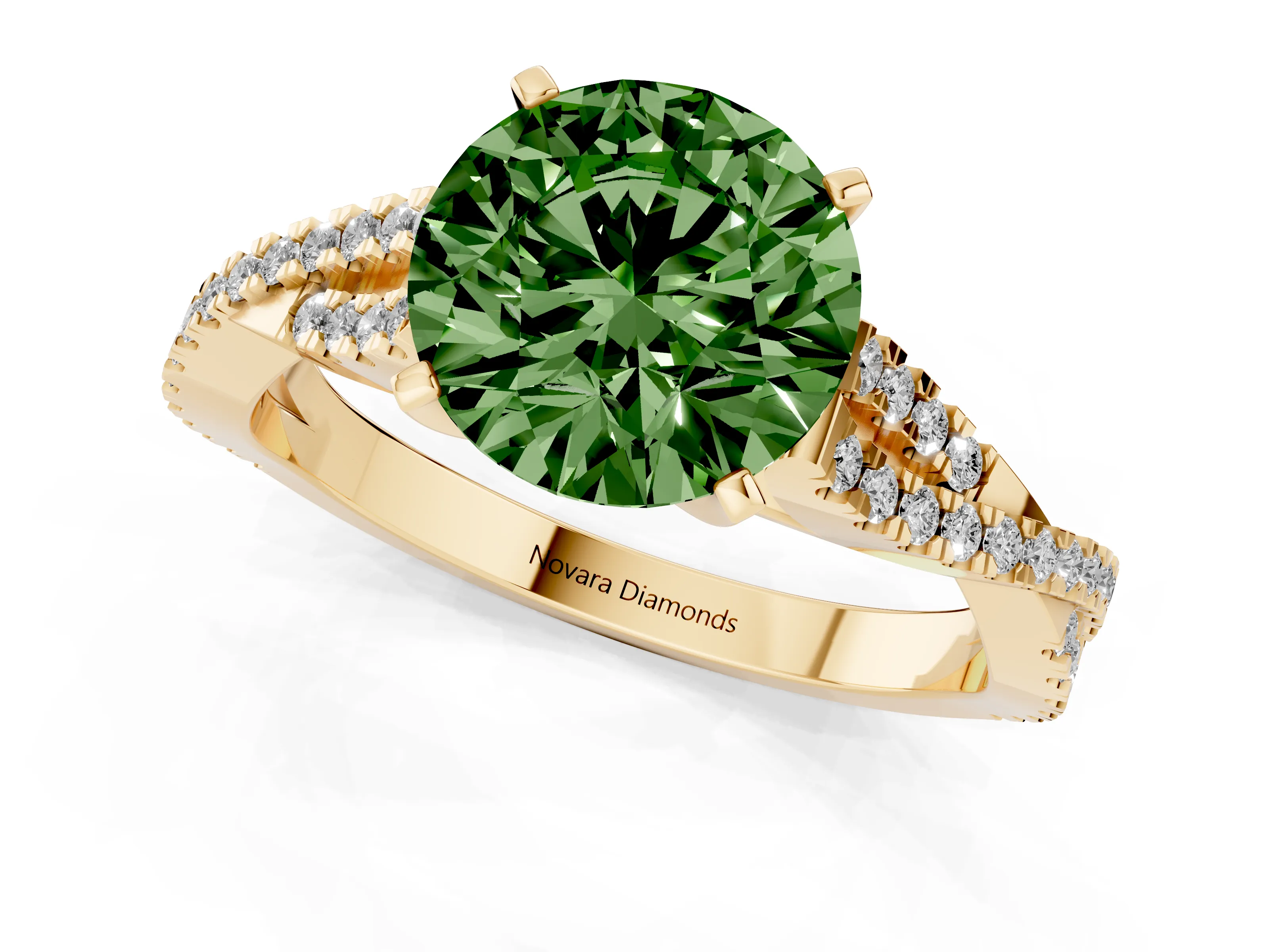 Fancy Green Round Cut Diamond Solitaire Engagement Ring Set in Yellow gold with Twisted Pavé Band and Prong Setting