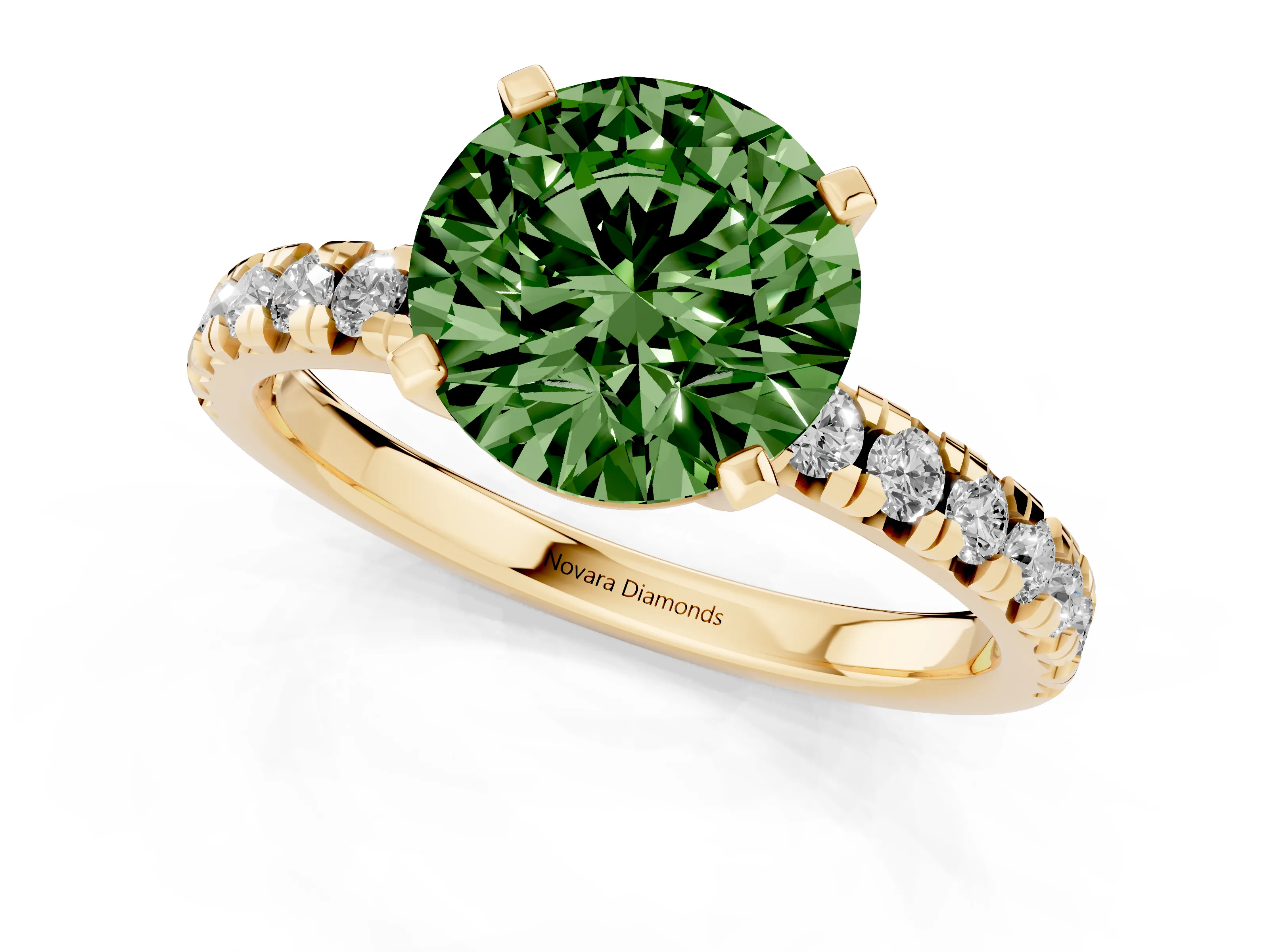 Fancy Green Round Cut Diamond Solitaire Pavé Engagement Ring Set in Yellow gold with Round Band and Prong Setting