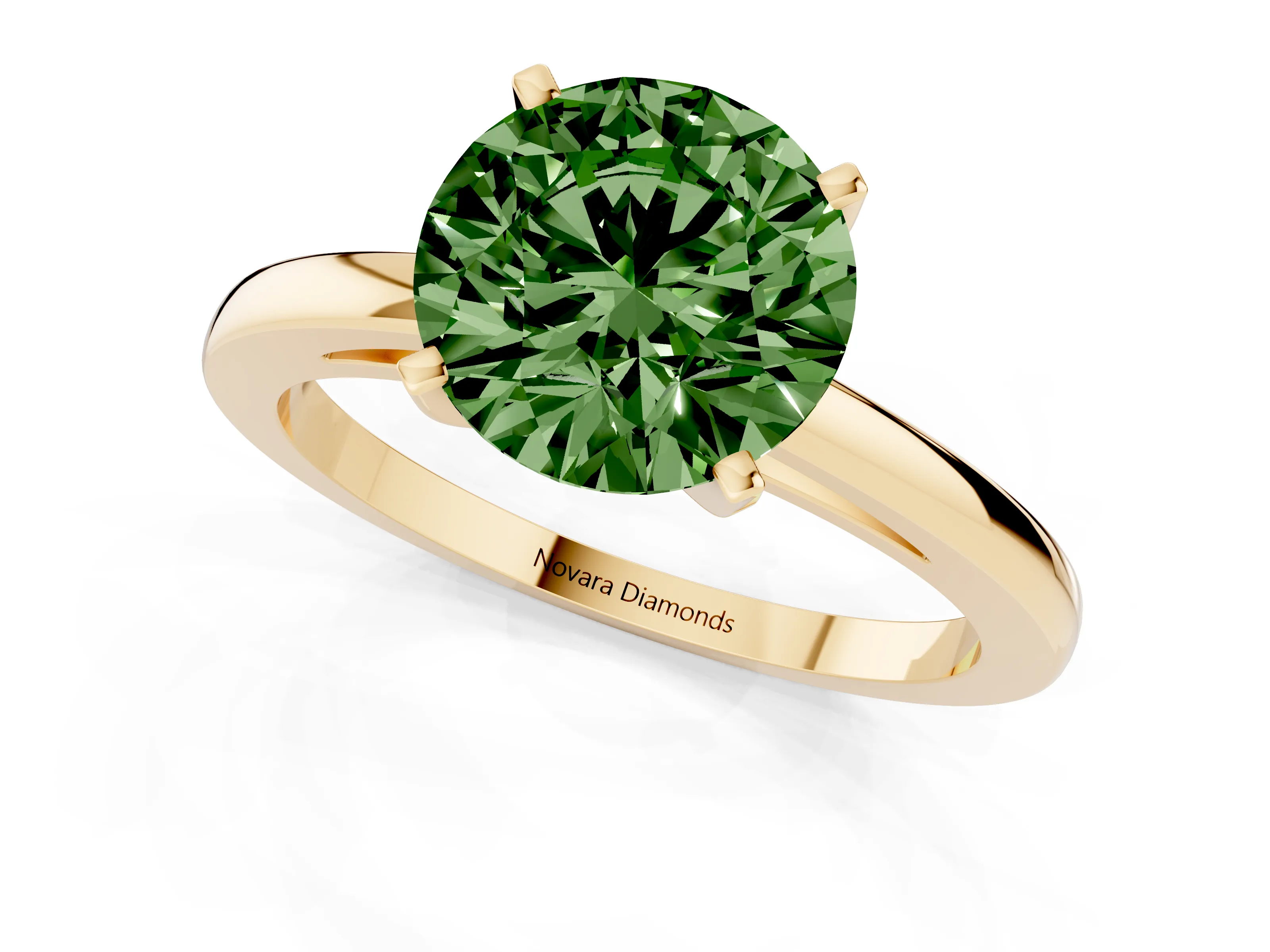 Fancy Green Round Cut Diamond Solitaire Engagement Ring Set in Yellow gold with Prong Setting on a Classic Band
