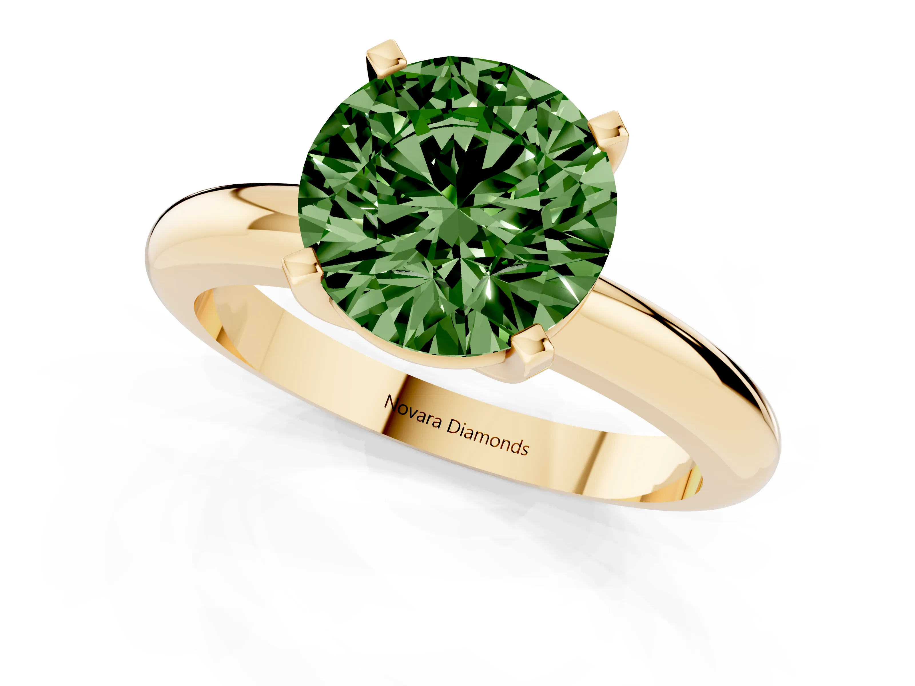 Fancy Green Round Cut Diamond Solitaire Engagement Ring Set in Yellow gold with Round Band and Prong Setting