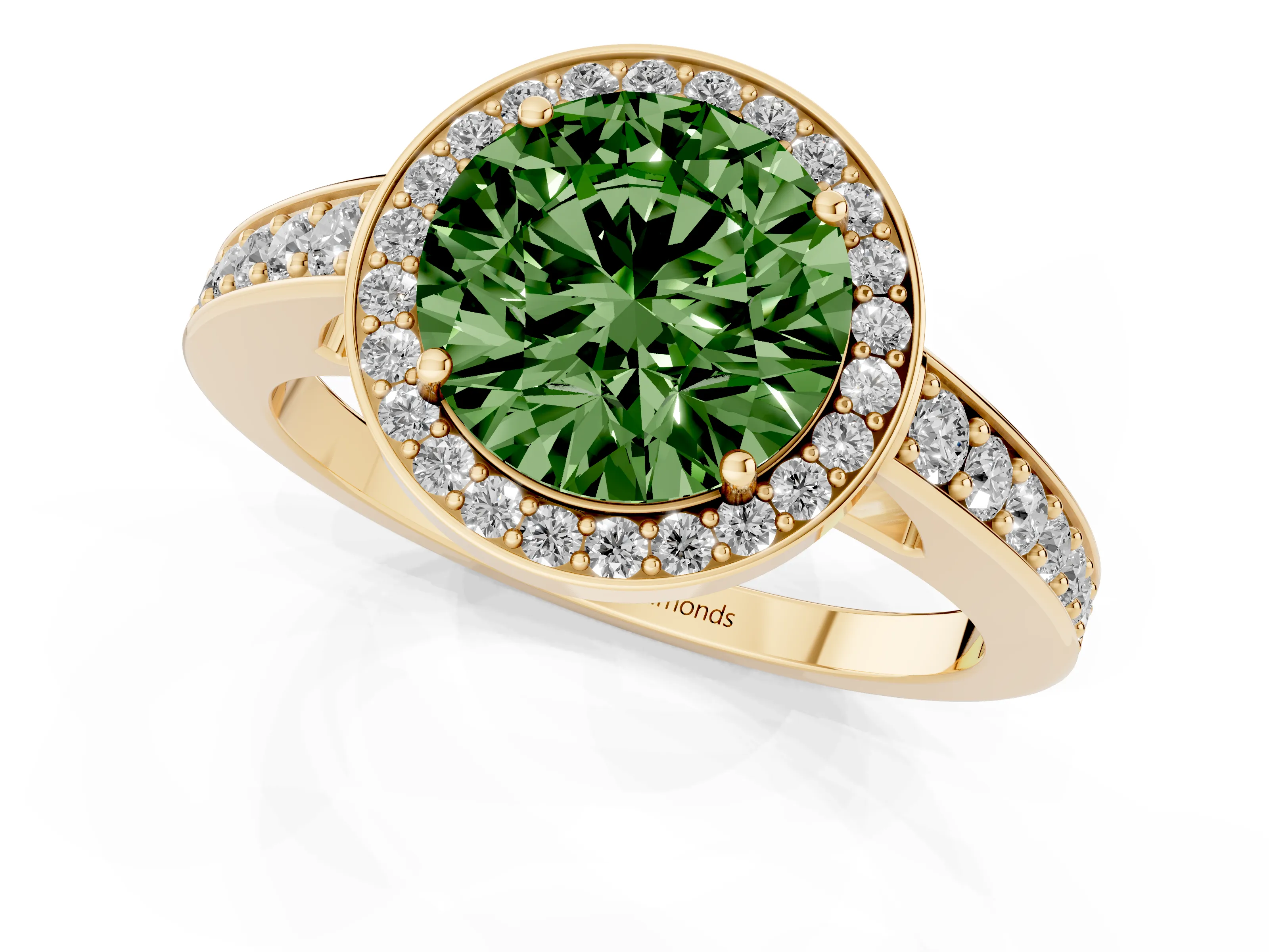 Fancy Green Round Cut Diamond Halo Pavé Engagement Ring Set in Yellow gold with Bezel Setting