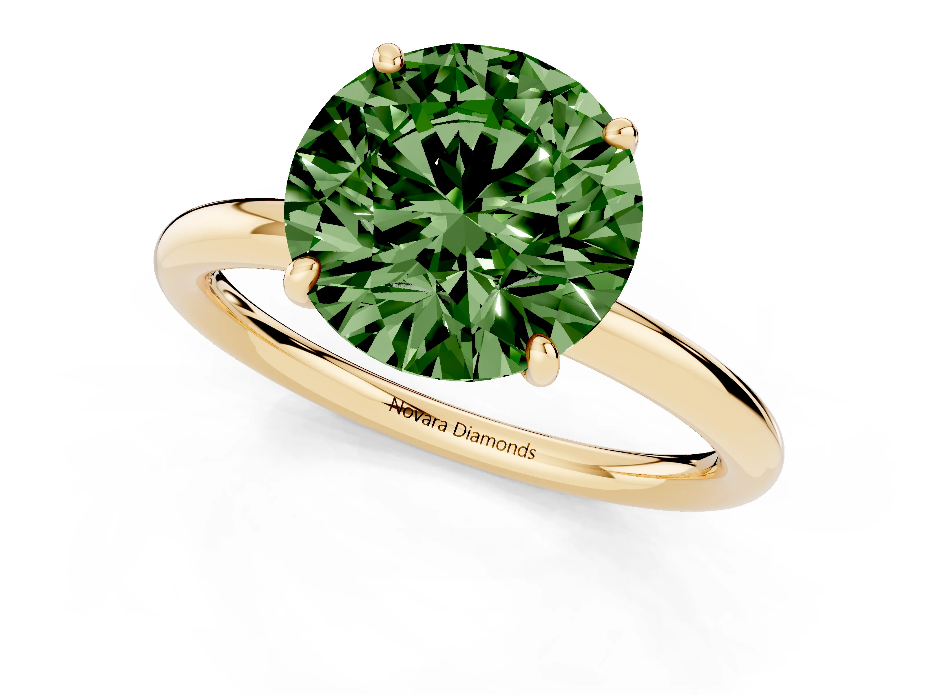 Fancy Green Round Cut Diamond Solitaire Ring Set in Yellow gold with Prong Setting on a Polished Plain Band