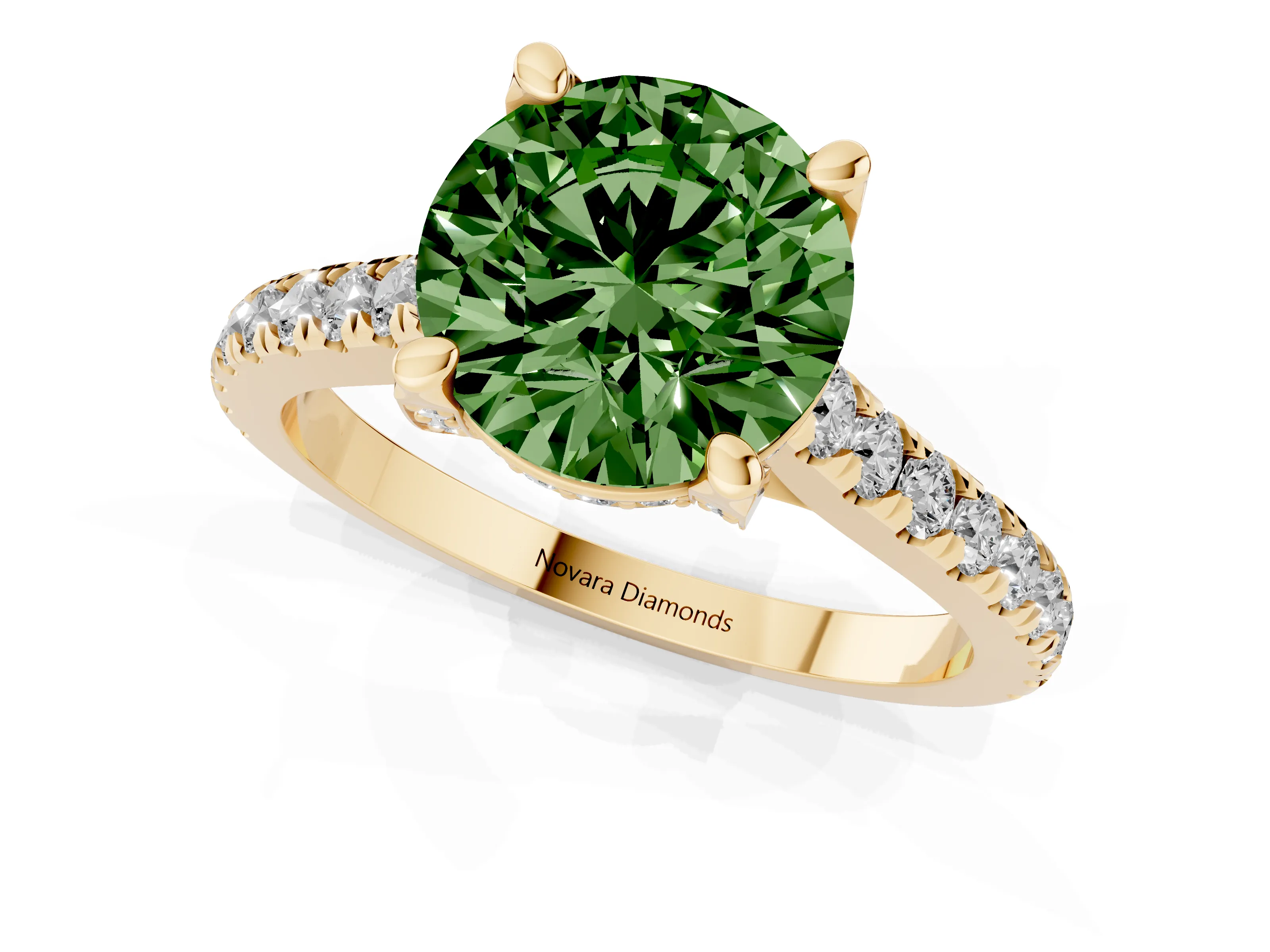 Fancy Green Round Cut Diamond Solitaire Ring Set in Yellow gold with Brilliant Pavé Band and Prong Setting
