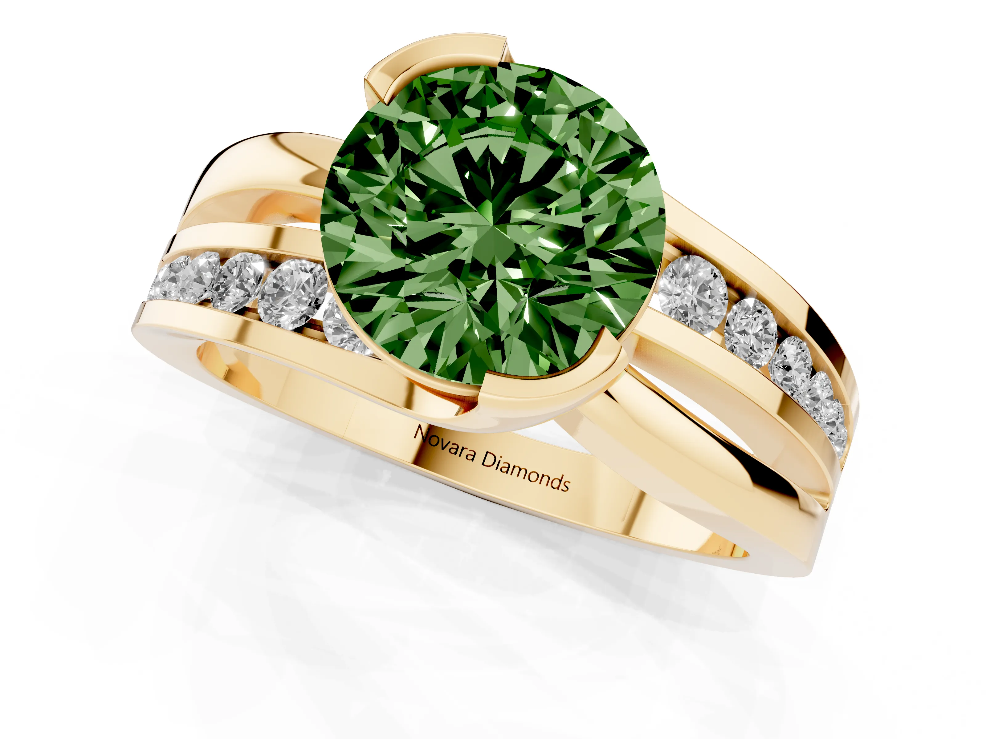 Fancy Green Round Cut Diamond Solitaire Ring Set in Yellow gold with Channel Set Split Shank and Tension Prongs