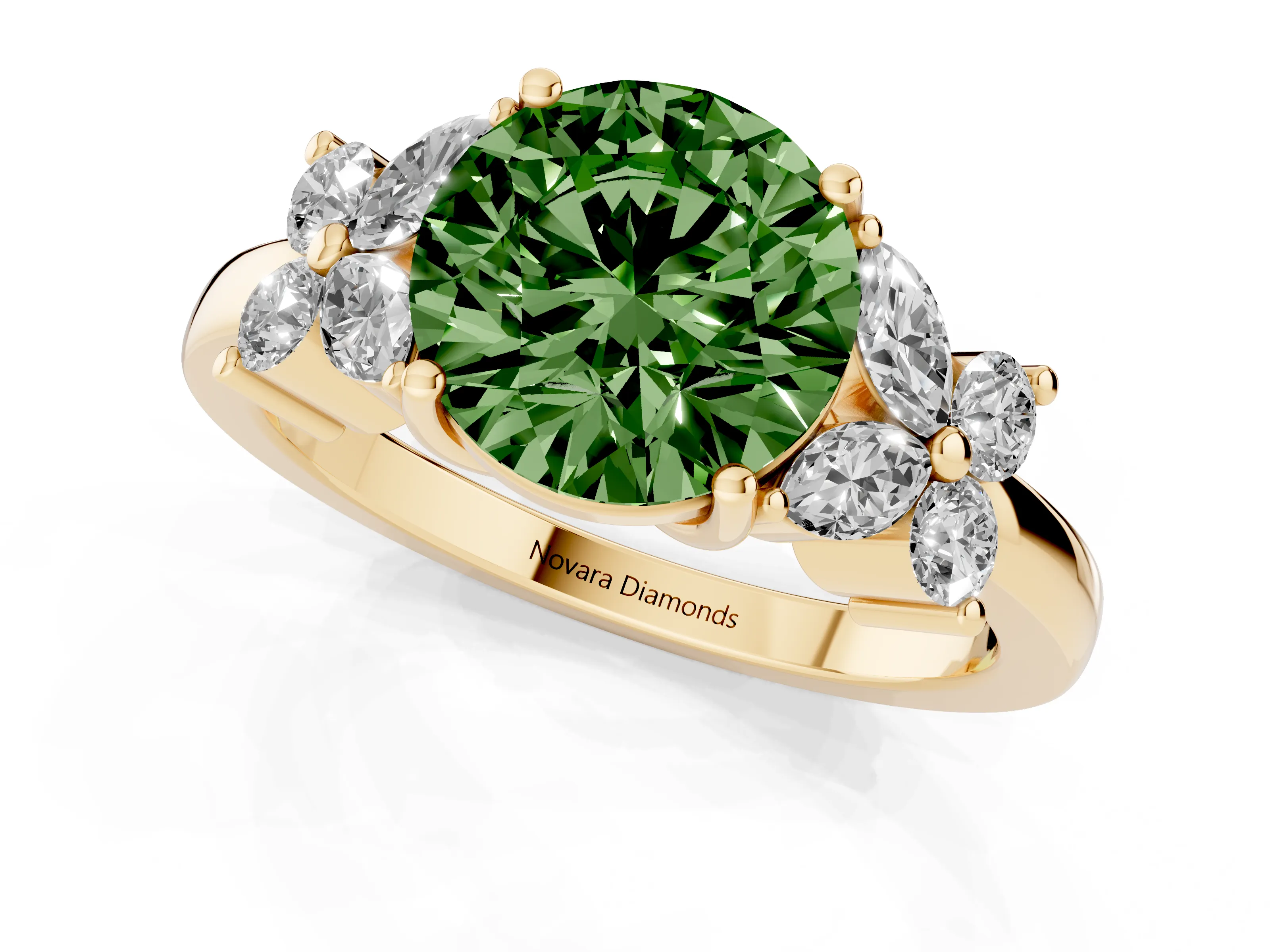 Fancy Green Round Cut Diamond Floral Cluster Ring Set in Yellow gold with Marquise Petals and Prong Setting