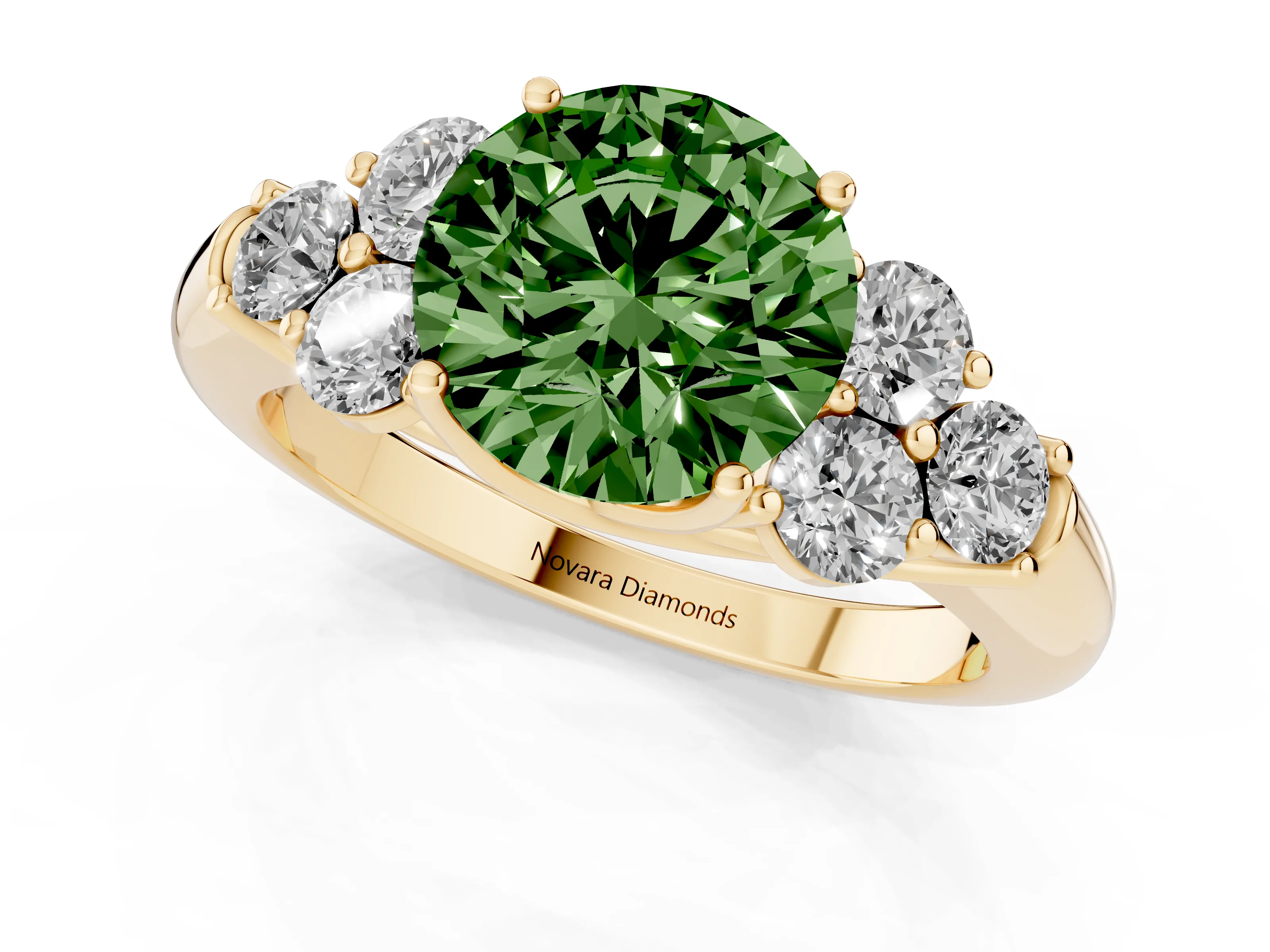 Fancy Green Round Cut Diamond Cluster Ring Set in Yellow gold with Round Accent Stones and Prong Setting on a Plain Band