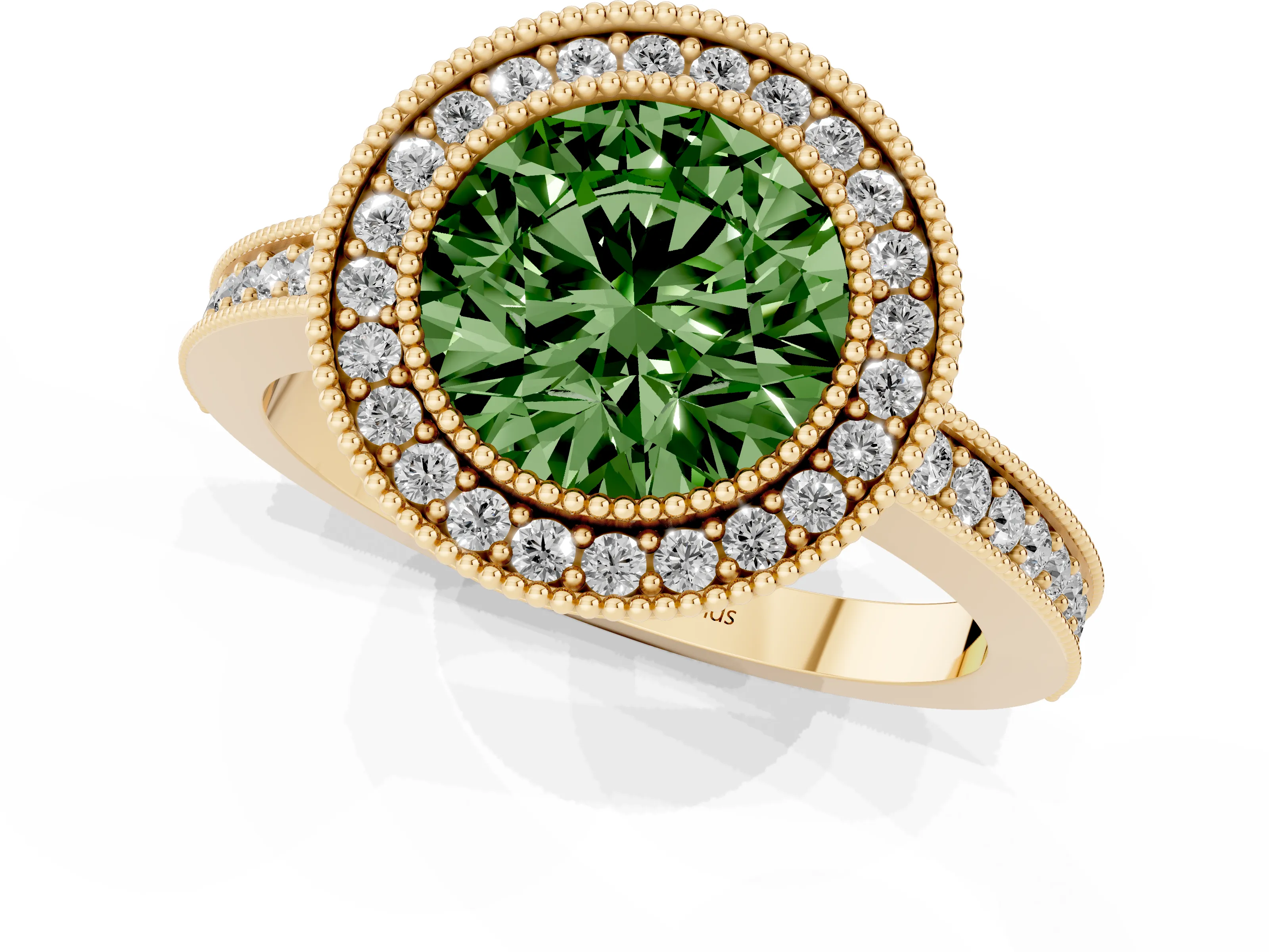 Fancy Green Round Cut Diamond Round Halo Ring Set in Yellow gold with Pavé Band