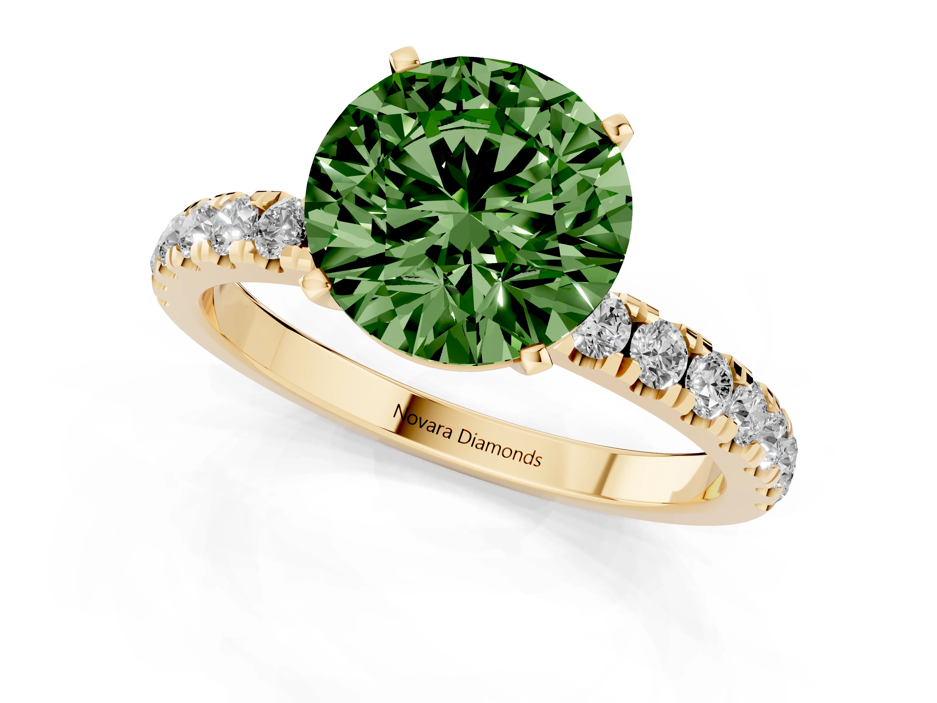 Fancy Green Round Cut Diamond Solitaire Ring Set in Yellow gold with Pavé Accents and Prong Setting – second view