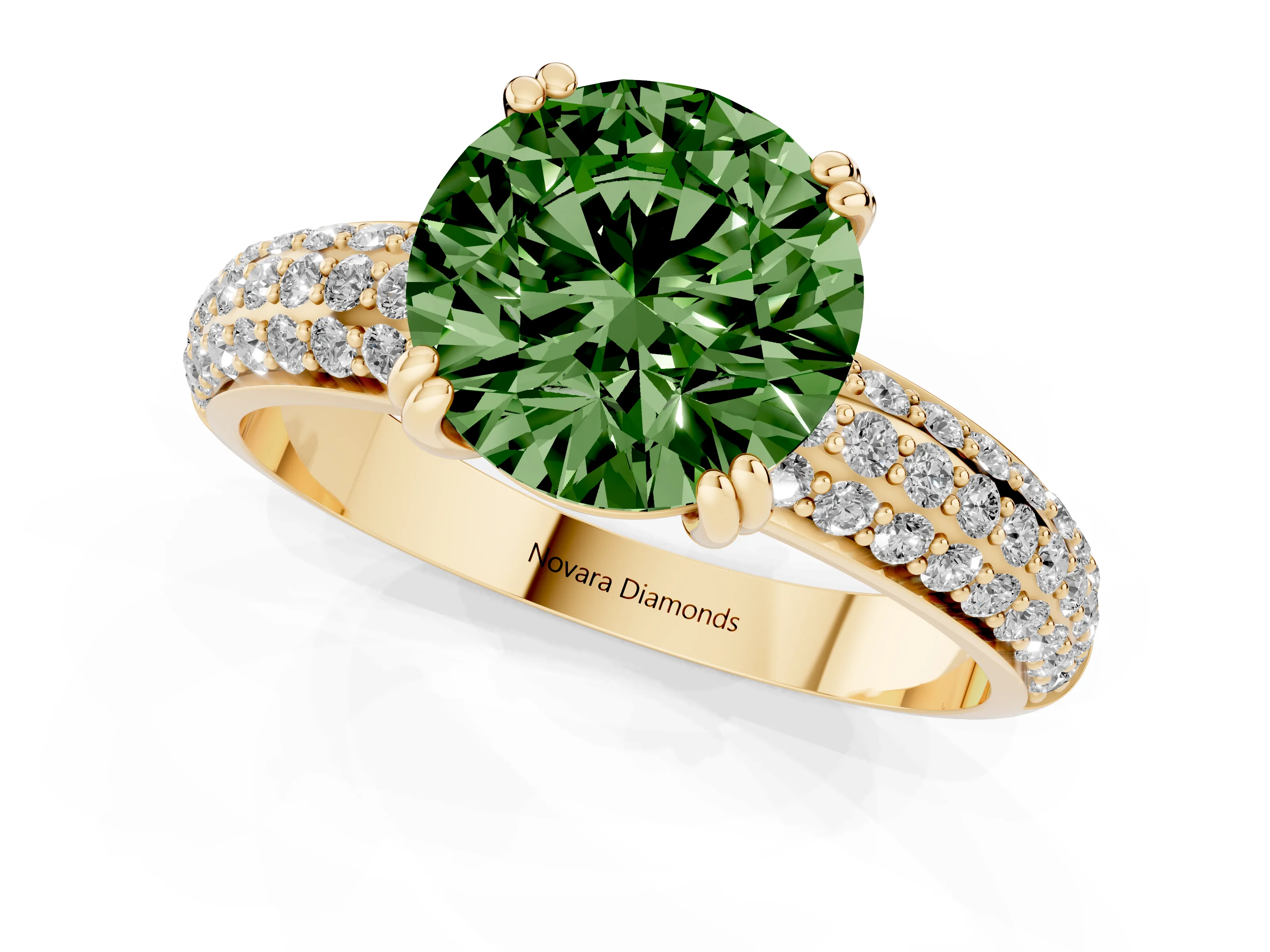 Fancy Green Round Cut Diamond Solitaire Ring Set in Yellow gold with Multi-Row Round Pavé Band and Prong Setting