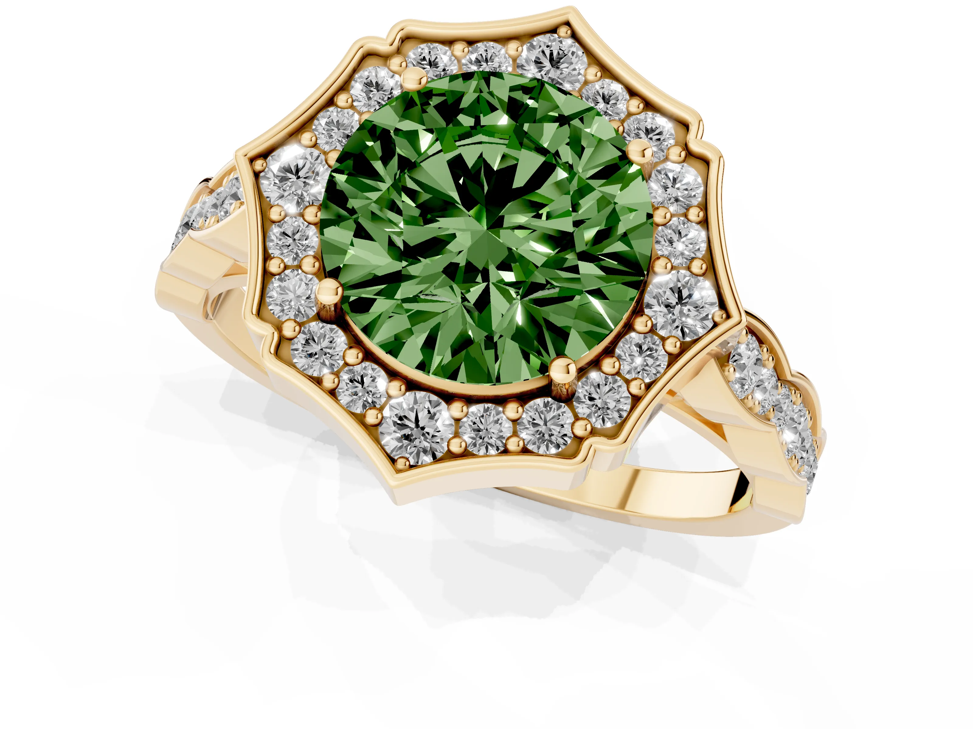 Fancy Green Round Cut Diamond Halo Engagement Ring Set in Yellow gold with Milgrain Band and Prong Setting