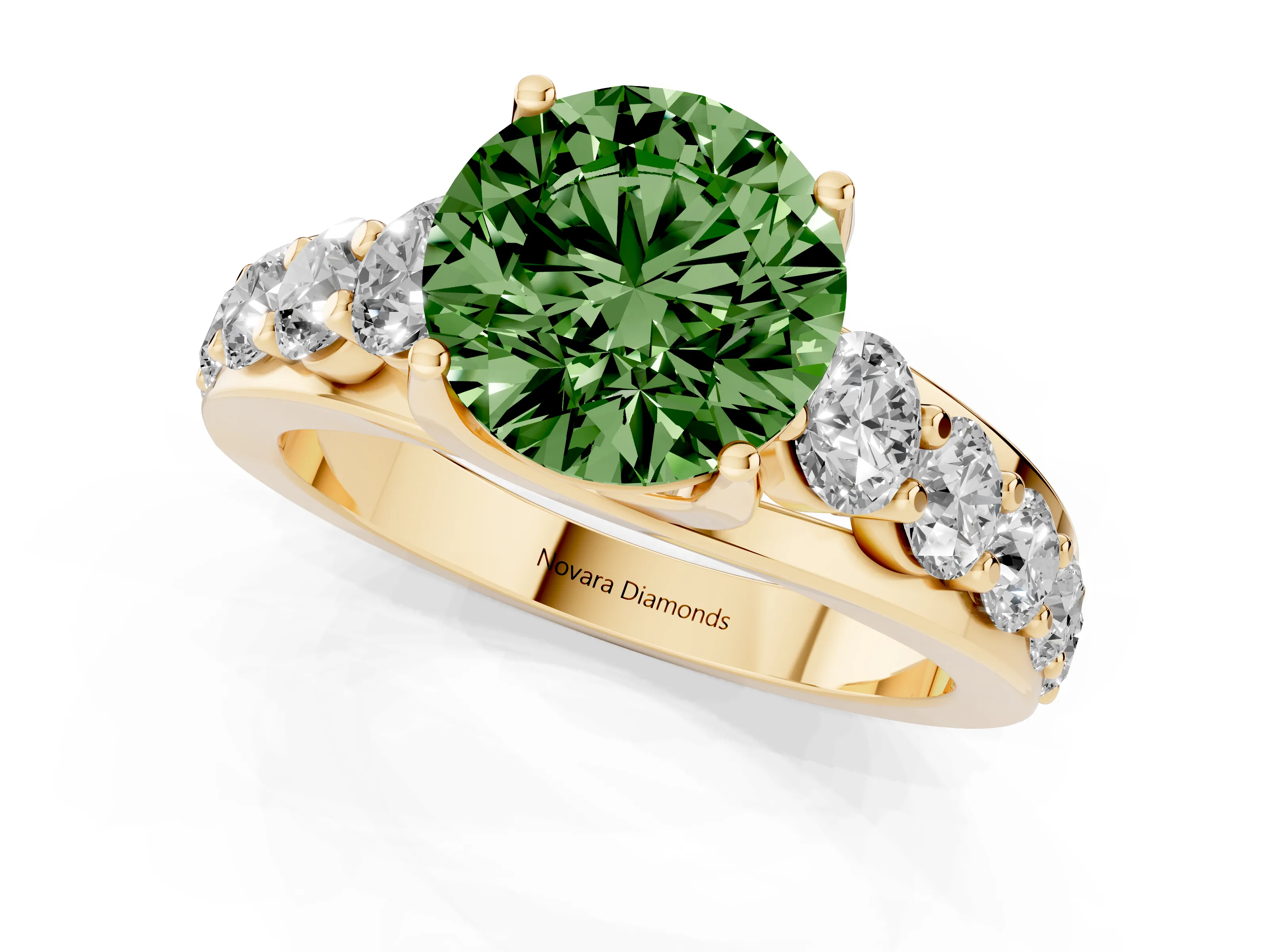 Fancy Green Round Cut Diamond Pavé Engagement Ring Set in Yellow gold with Prong Setting