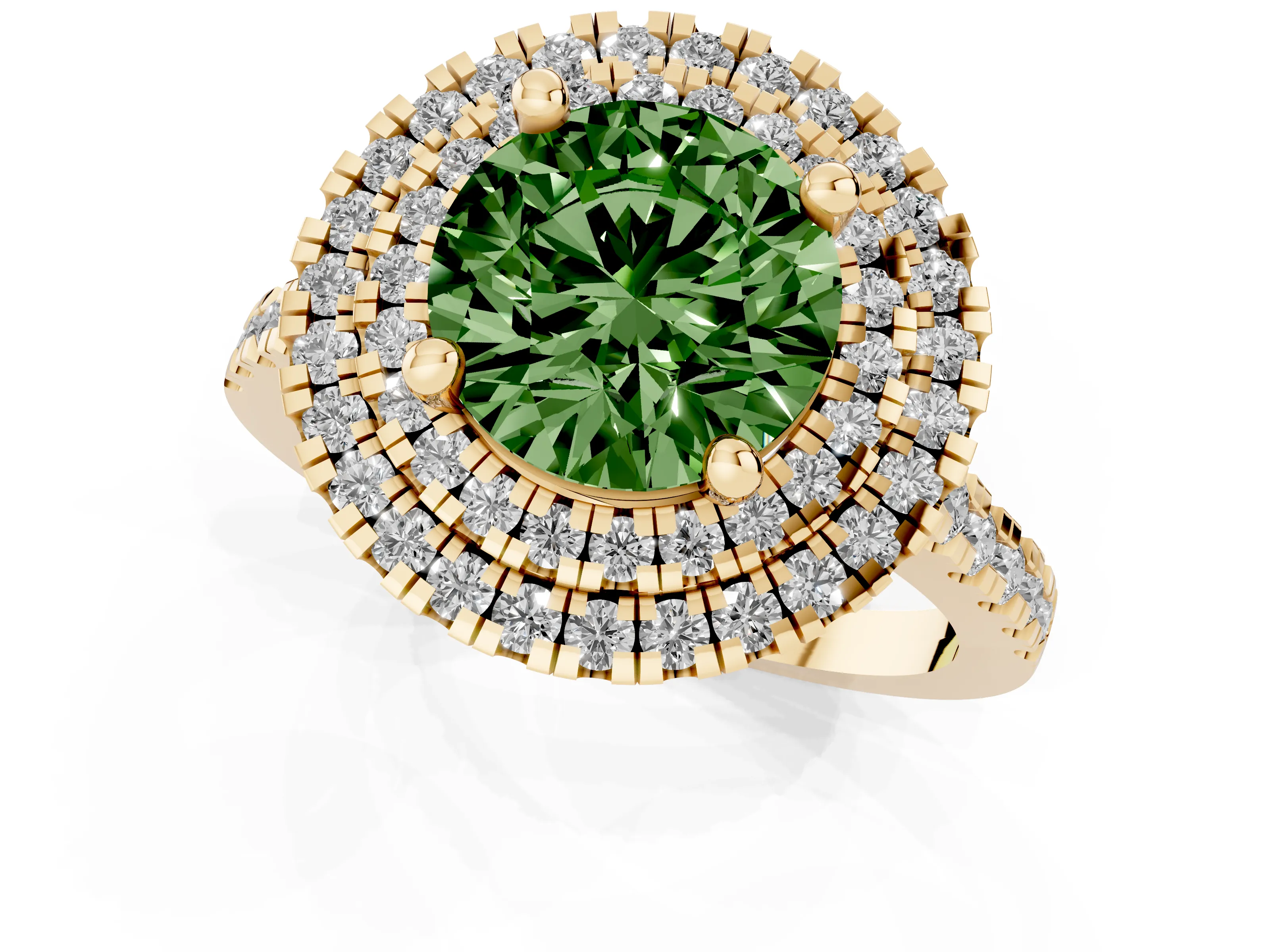Fancy Green Round Cut Diamond Double Halo Statement Ring Set in Yellow gold with Pavé Band