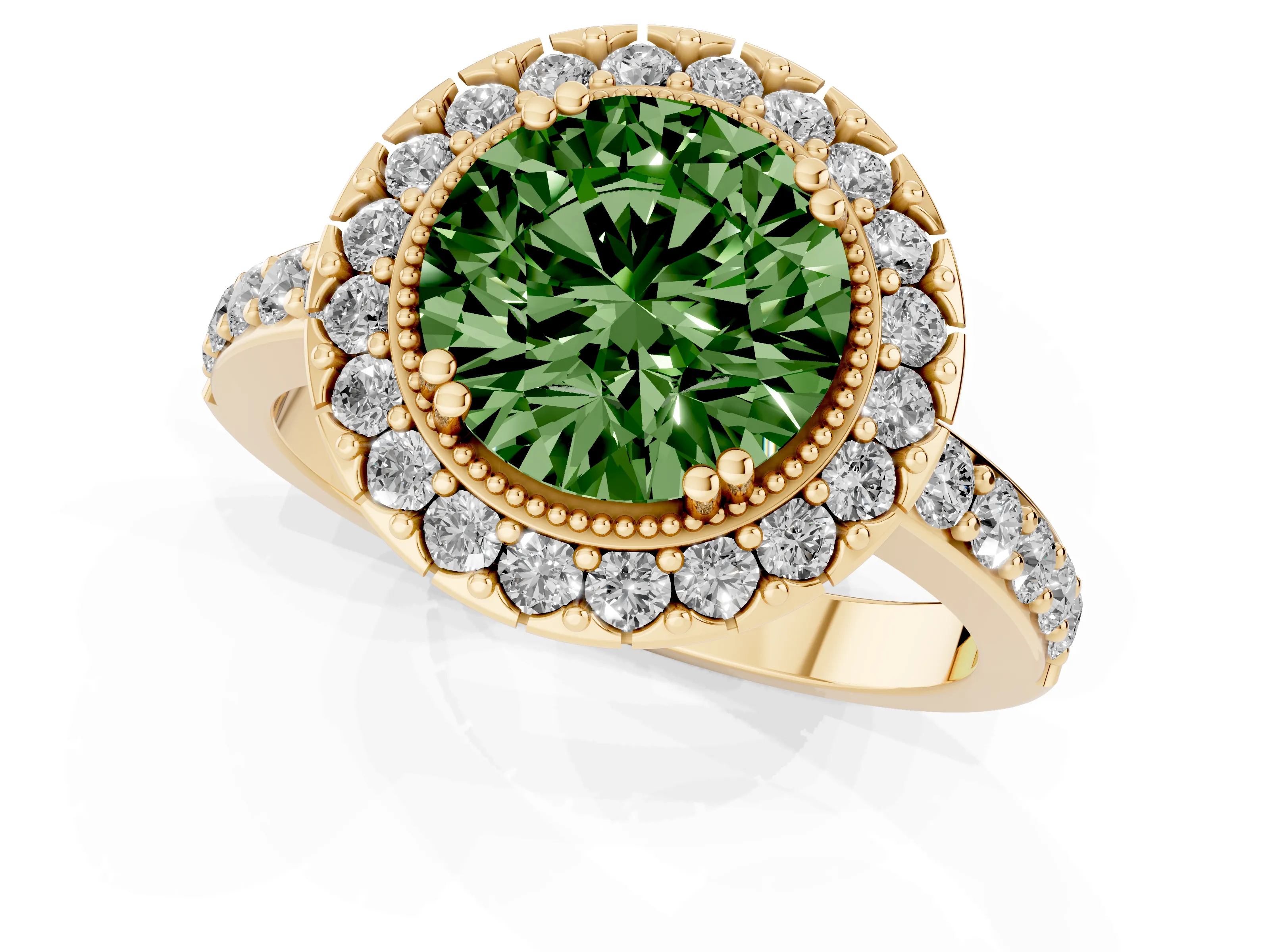 Fancy Green Round Cut Diamond Halo Ring Set in Yellow gold with Pavé Shank and Prong Setting