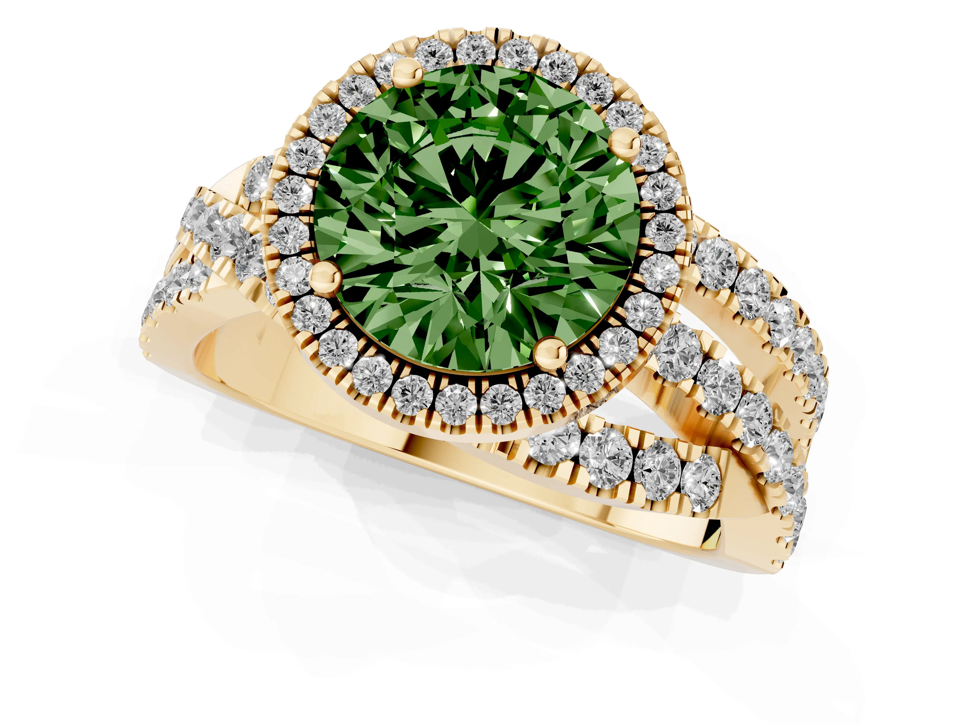 Fancy Green Round Cut Diamond Halo Ring Set in Yellow gold with Round Crossover Split Shank and Prong Setting