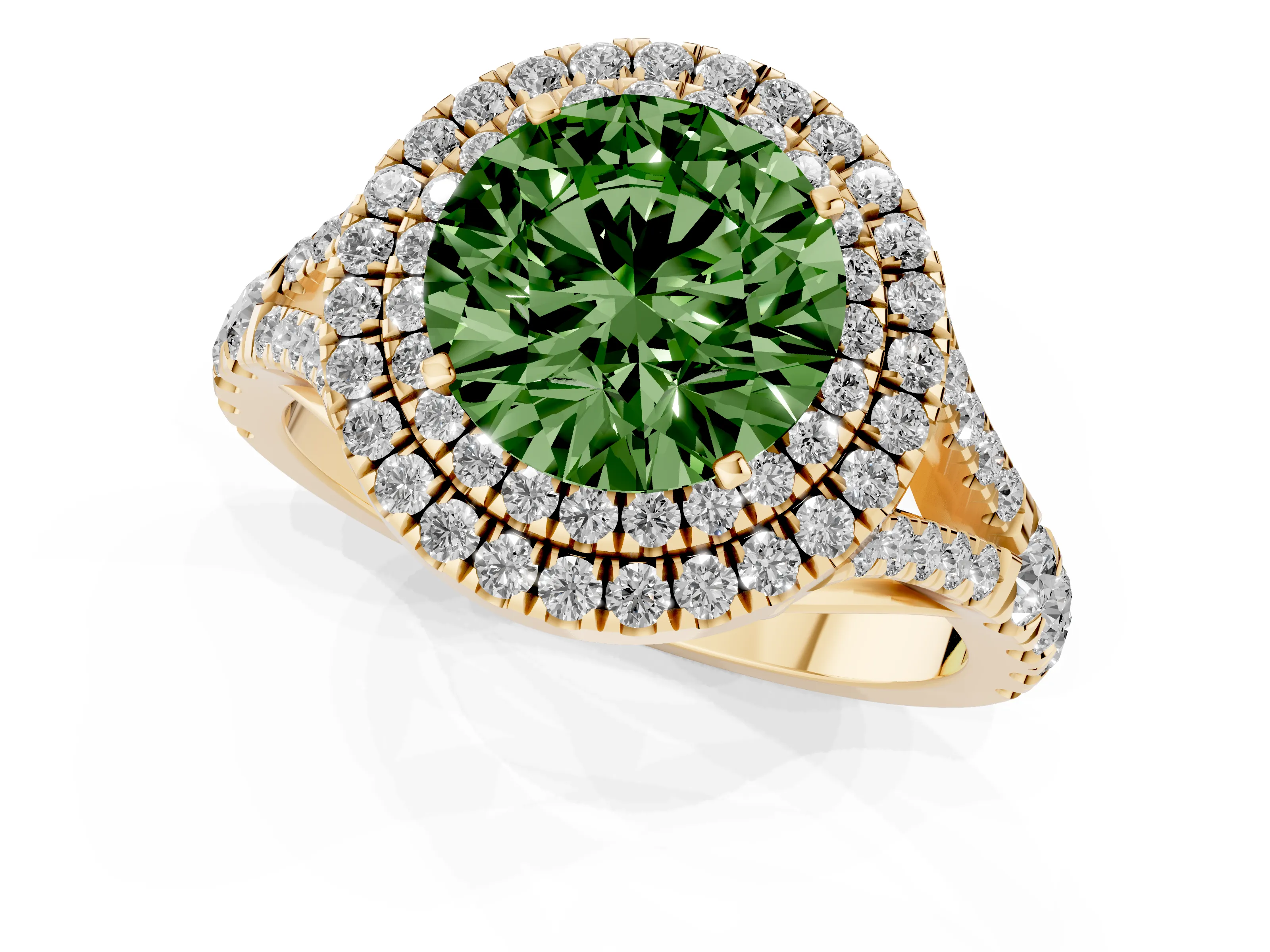 Fancy Green Round Cut Diamond Pavé Split Shank Double Halo Engagement Ring Set in Yellow gold